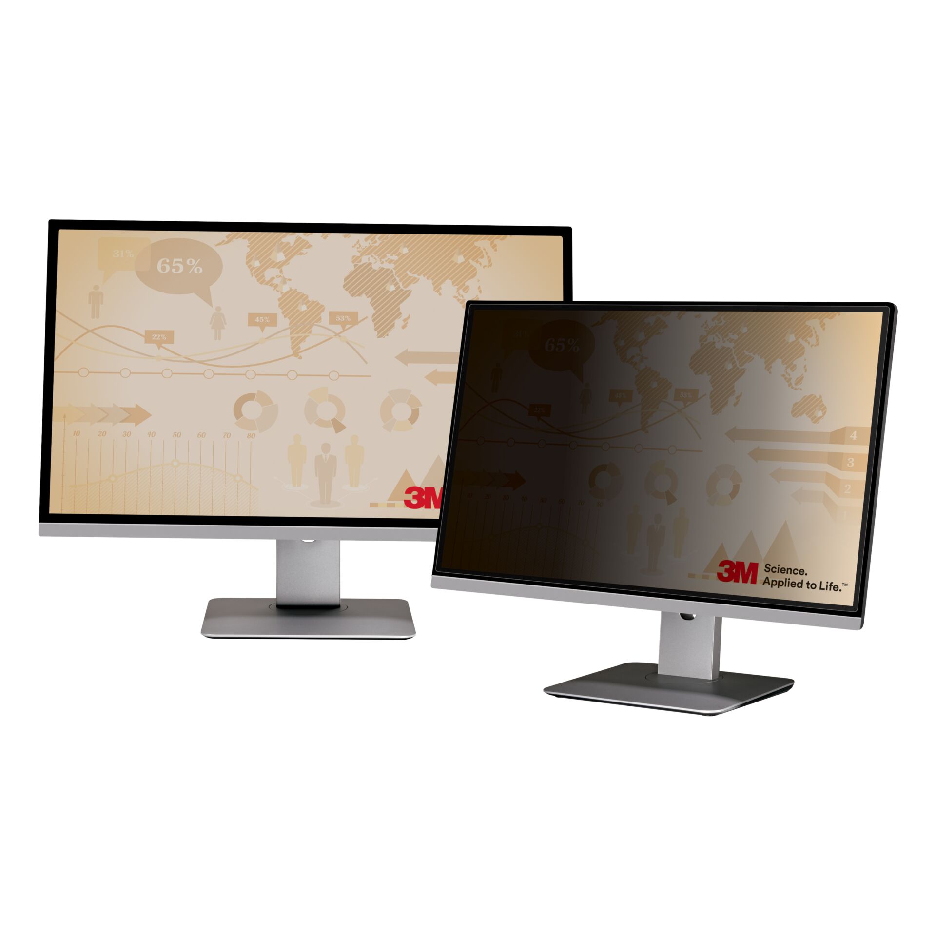 Zwei Monitore mit 3M Blickschutzfiltern zur Wahrung der Privatsphäre