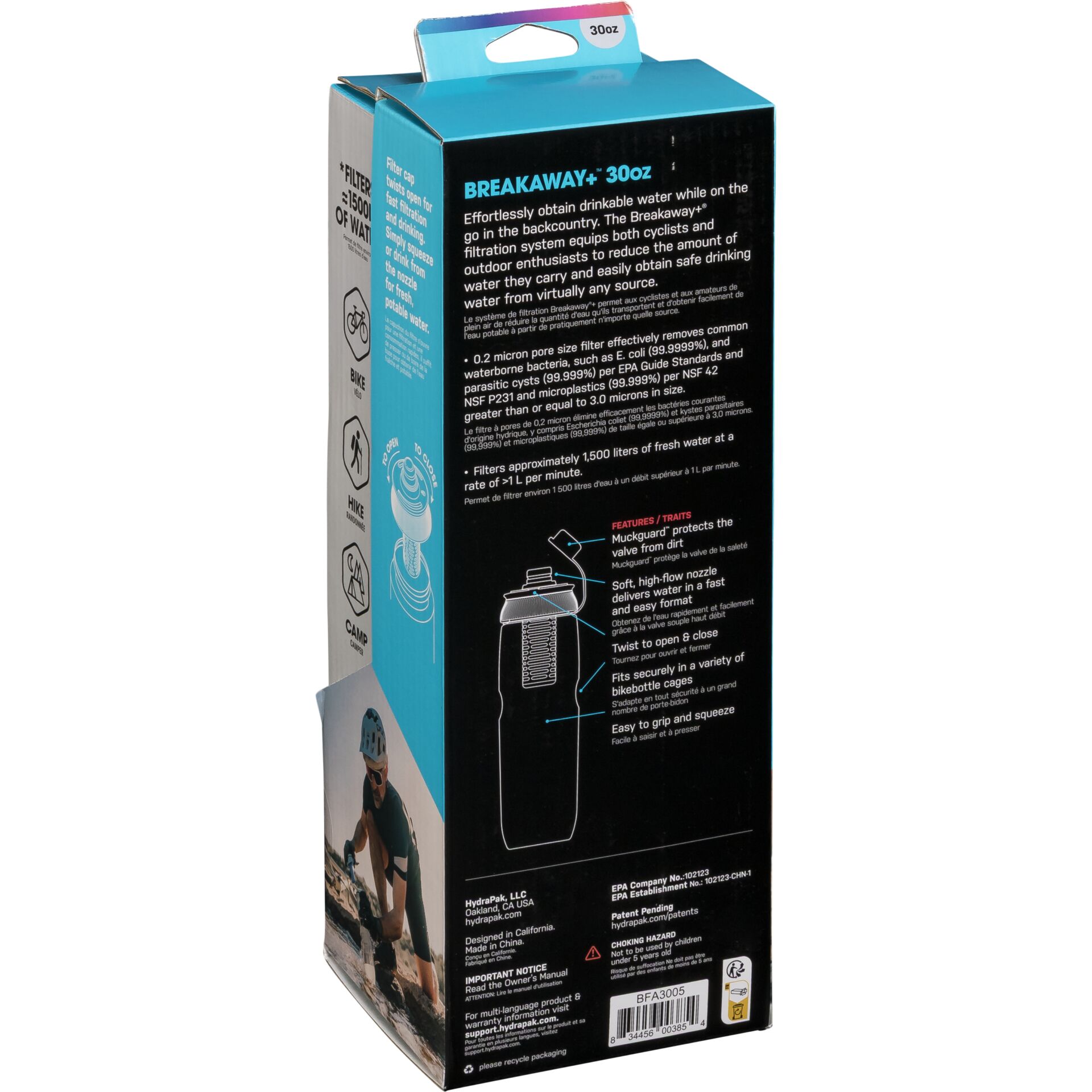 Verpackung der Hydrapak Breakaway+ 30oz Trinkflasche mit integriertem Filter für sauberes Wasser unterwegs, ideal zum Radfahren, Wandern und Camping.