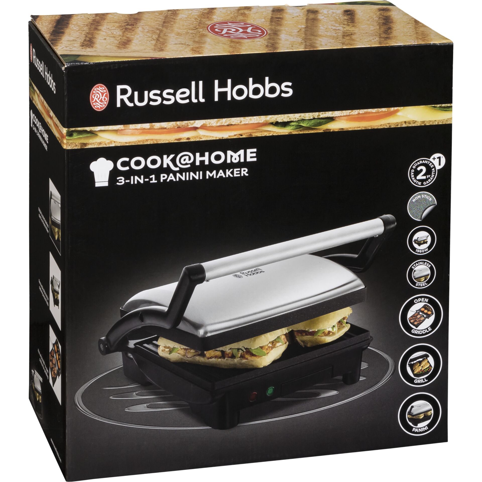 Verpackung des Russell Hobbs 3-in-1 Panini-Makers, ein vielseitiges Küchengerät zum Grillen, Rösten und Panini machen.