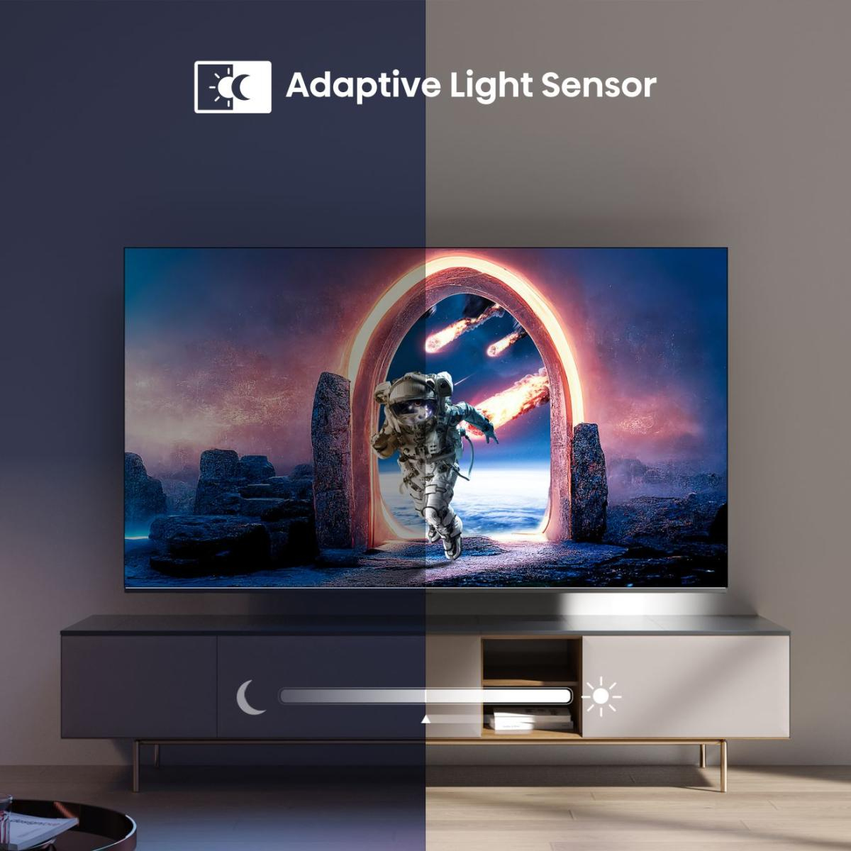 Ein moderner Smart-TV mit adaptivem Lichtsensor zeigt ein Bild eines Astronauten vor einem Portal, das den Wechsel zwischen Tag- und Nachtmodus veranschaulicht.