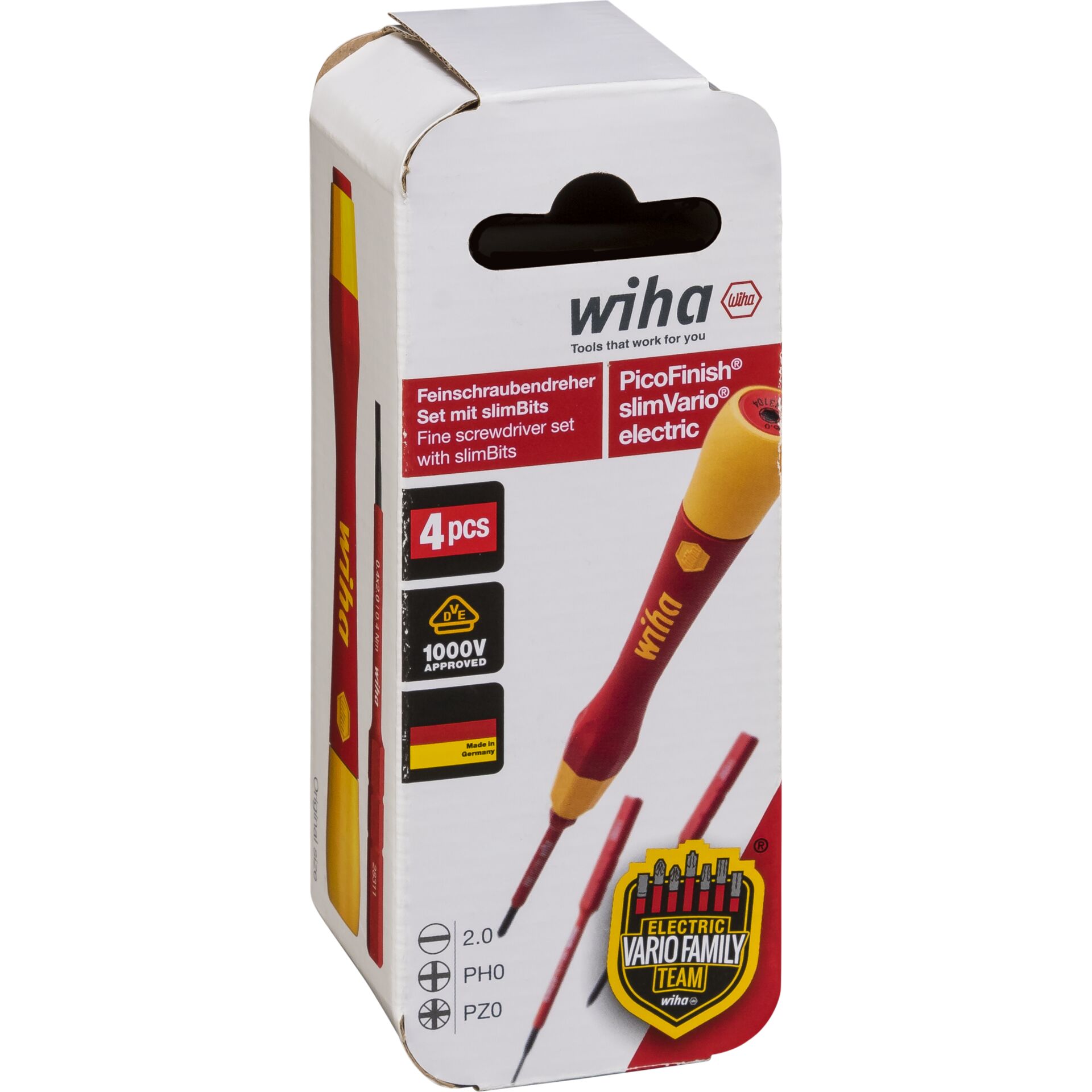Verpackung des Wiha PicoFinish slimVario electric Feinschraubendreher Sets mit 4 Teilen und 1000V Isolierung