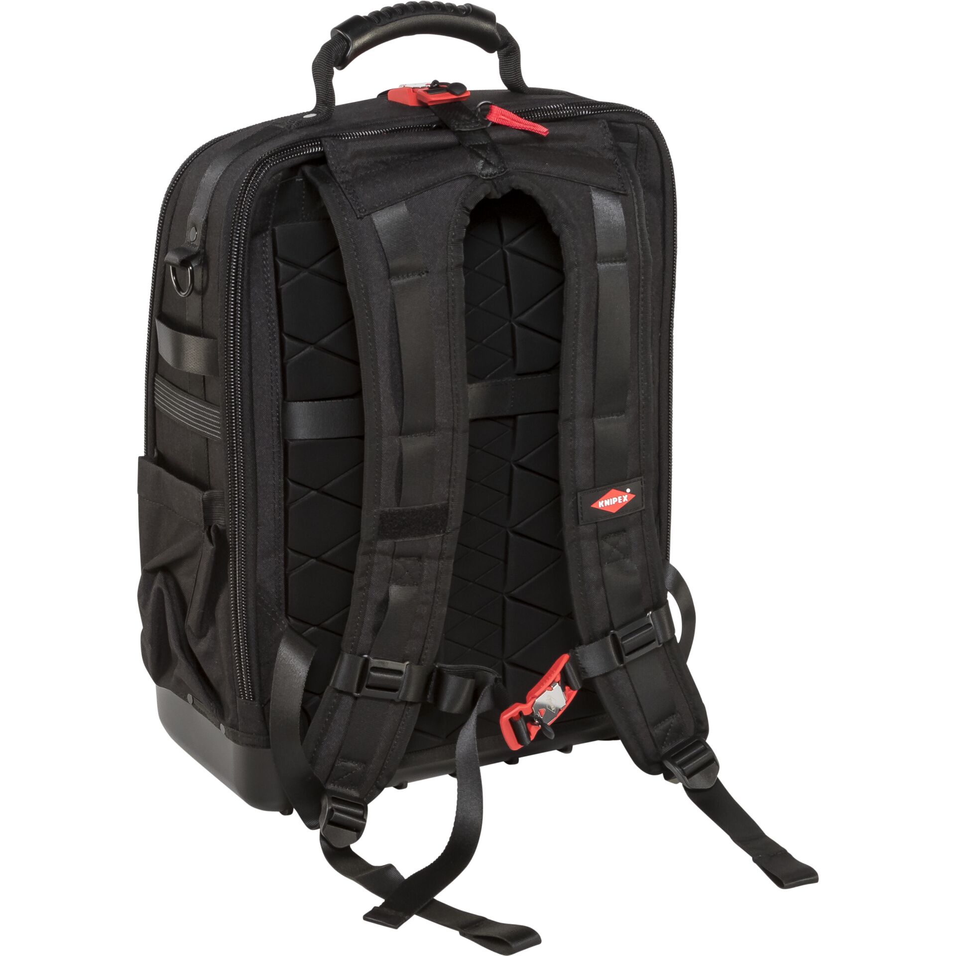 Schwarzer Rucksack mit gepolsterten Trageriemen und Griff, ideal für Werkzeuge