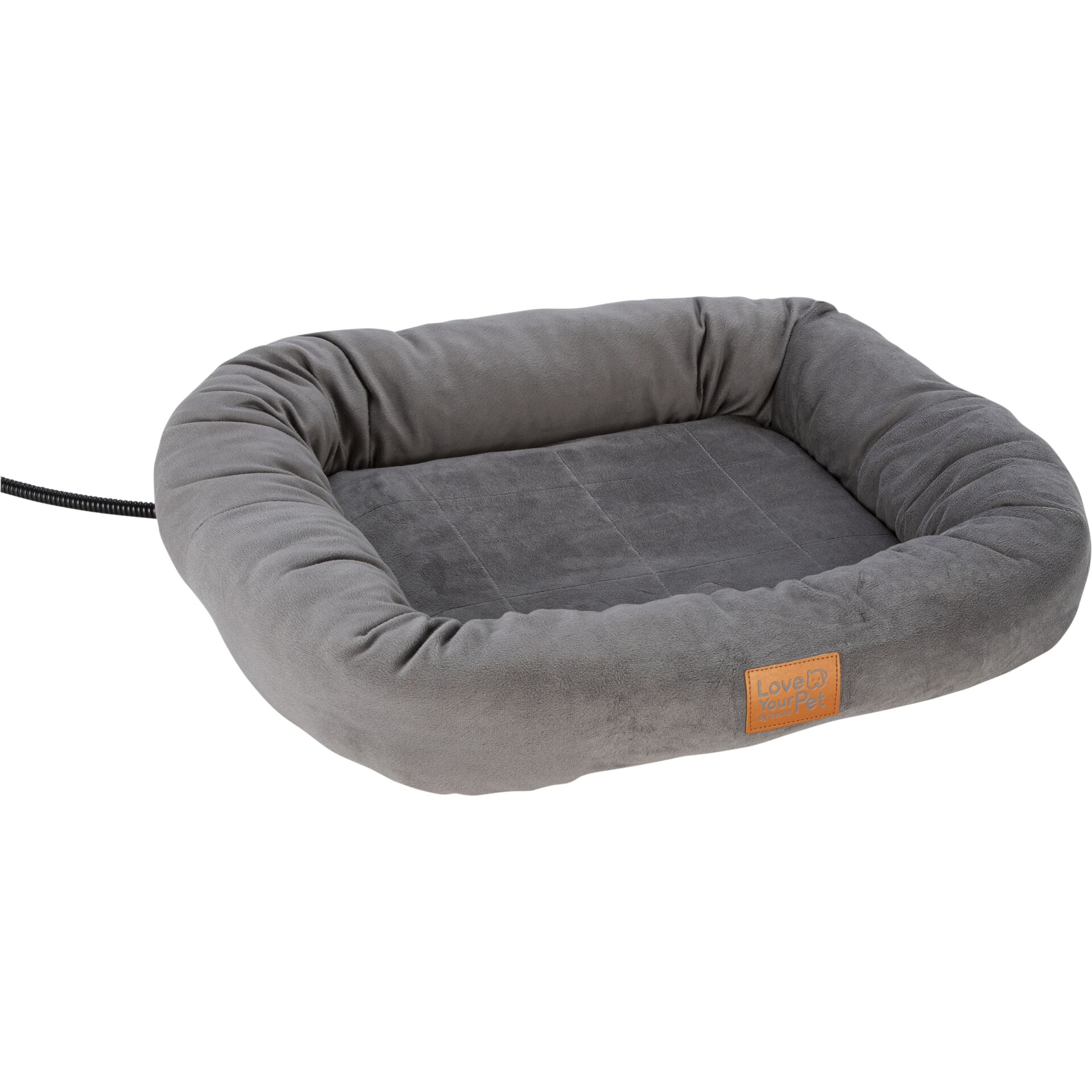 Graues, beheizbares Hundebett mit weichem Rand und Label ‚Love Your Pet‘
