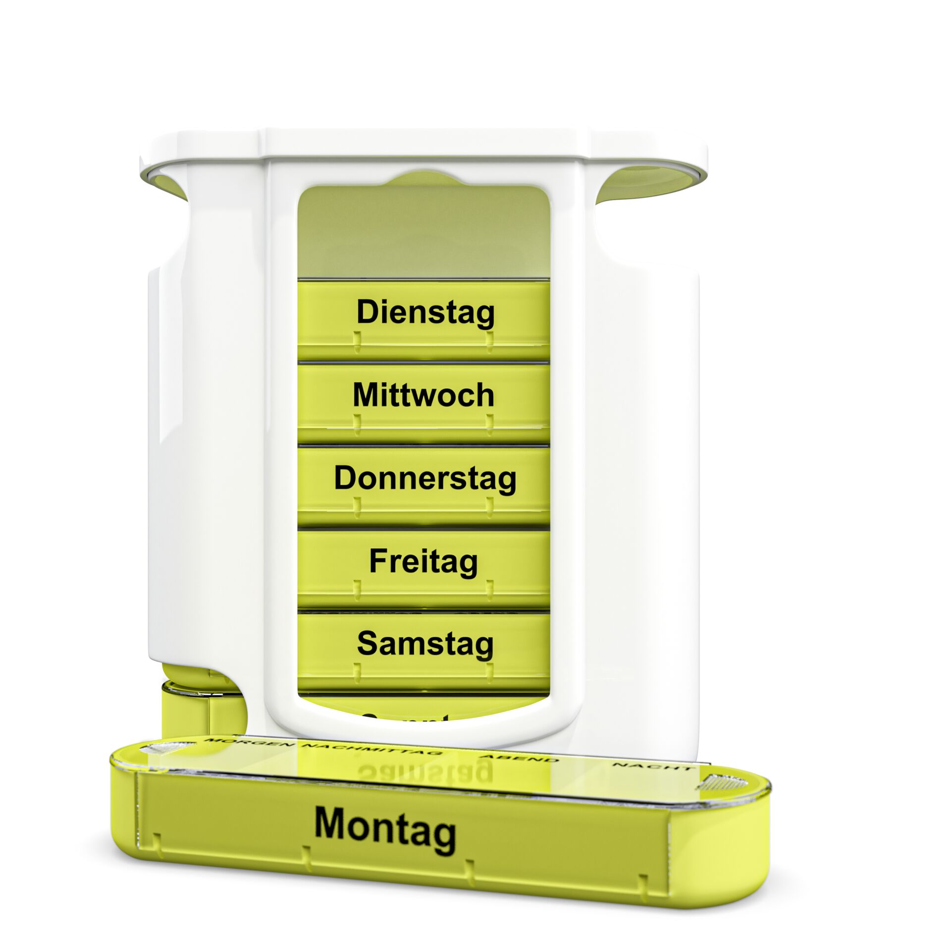 Weißer Pillen-Organizer mit grünen Tagesfächern von Montag bis Samstag