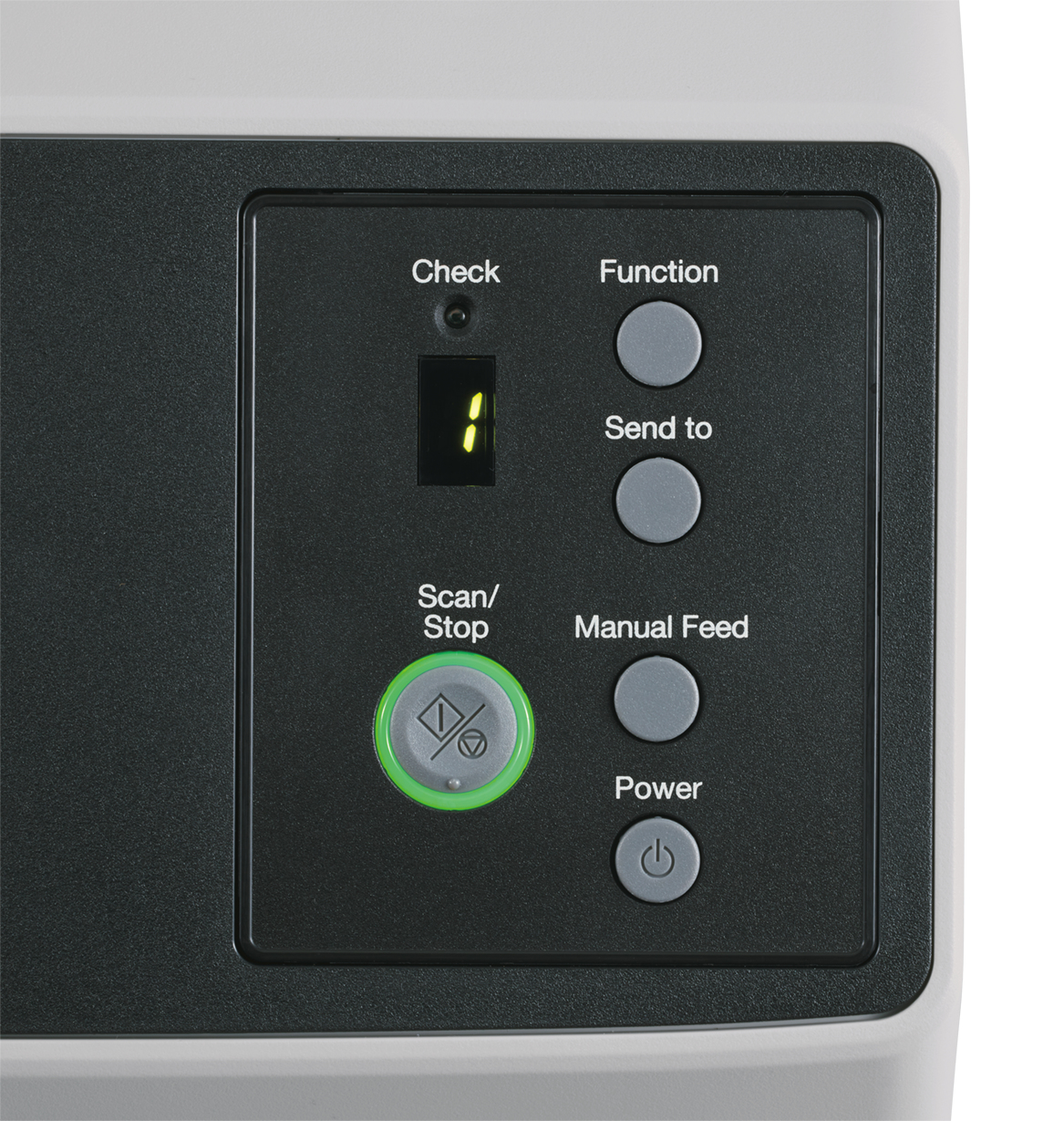 Detailansicht Bedienfeld mit Scan- und Powertaste