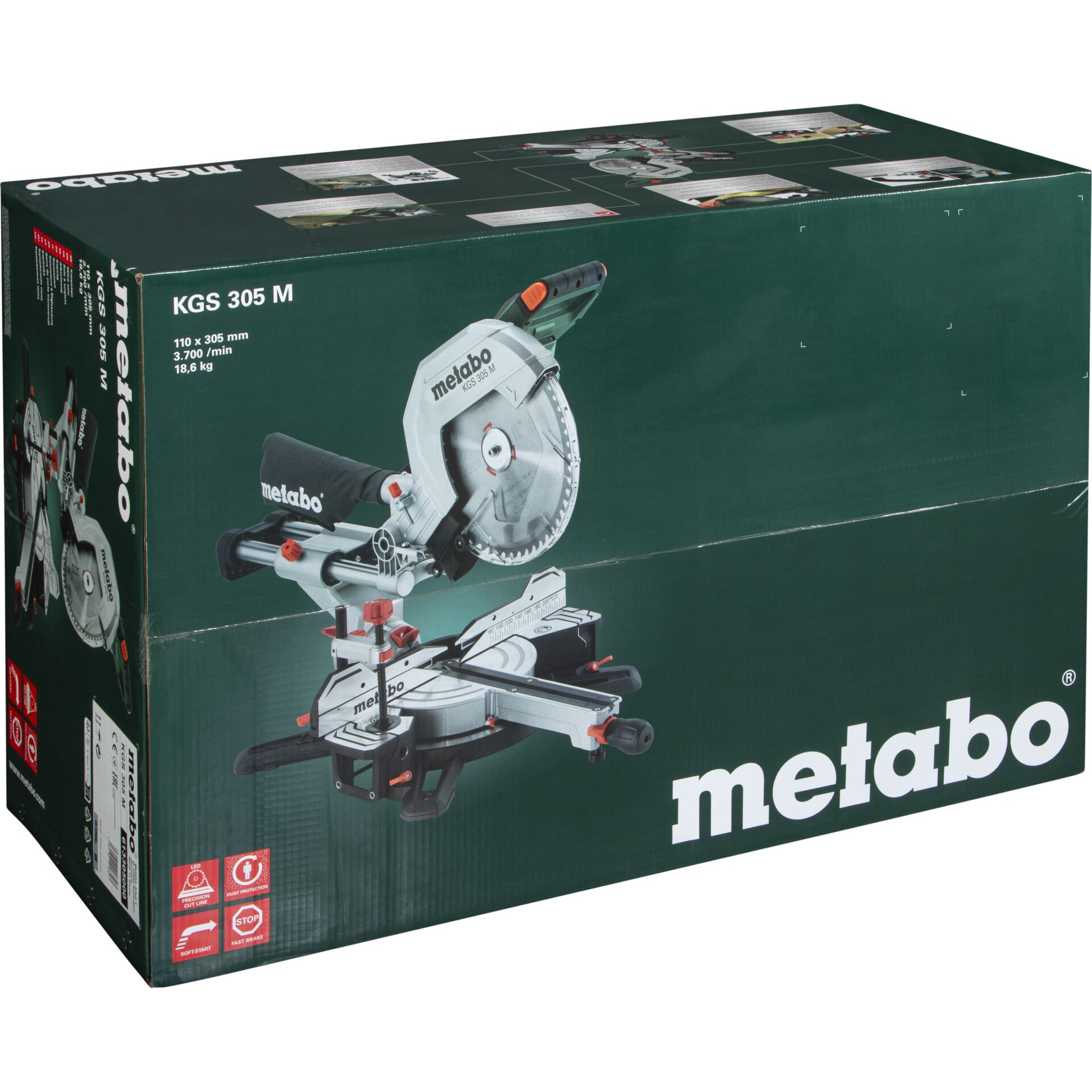 Verpackung der Metabo Kappsäge KGS 305 M mit Produktabbildung und technischen Details.