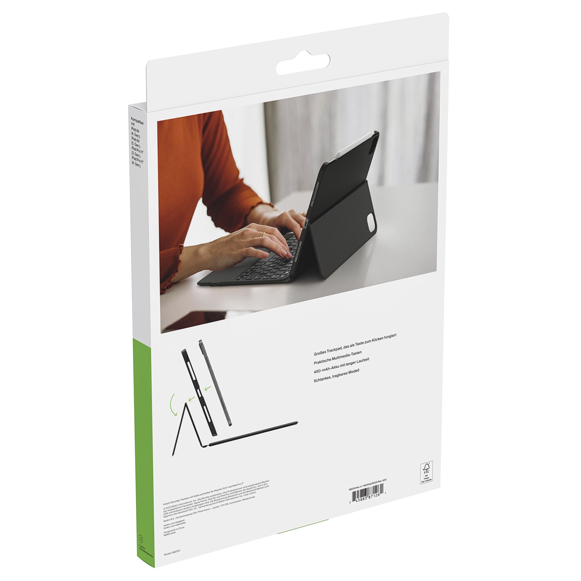 Tastaturhülle mit Trackpad für iPad mit langem Akku Person benutzt iPad mit Tastaturhülle und großem Trackpad