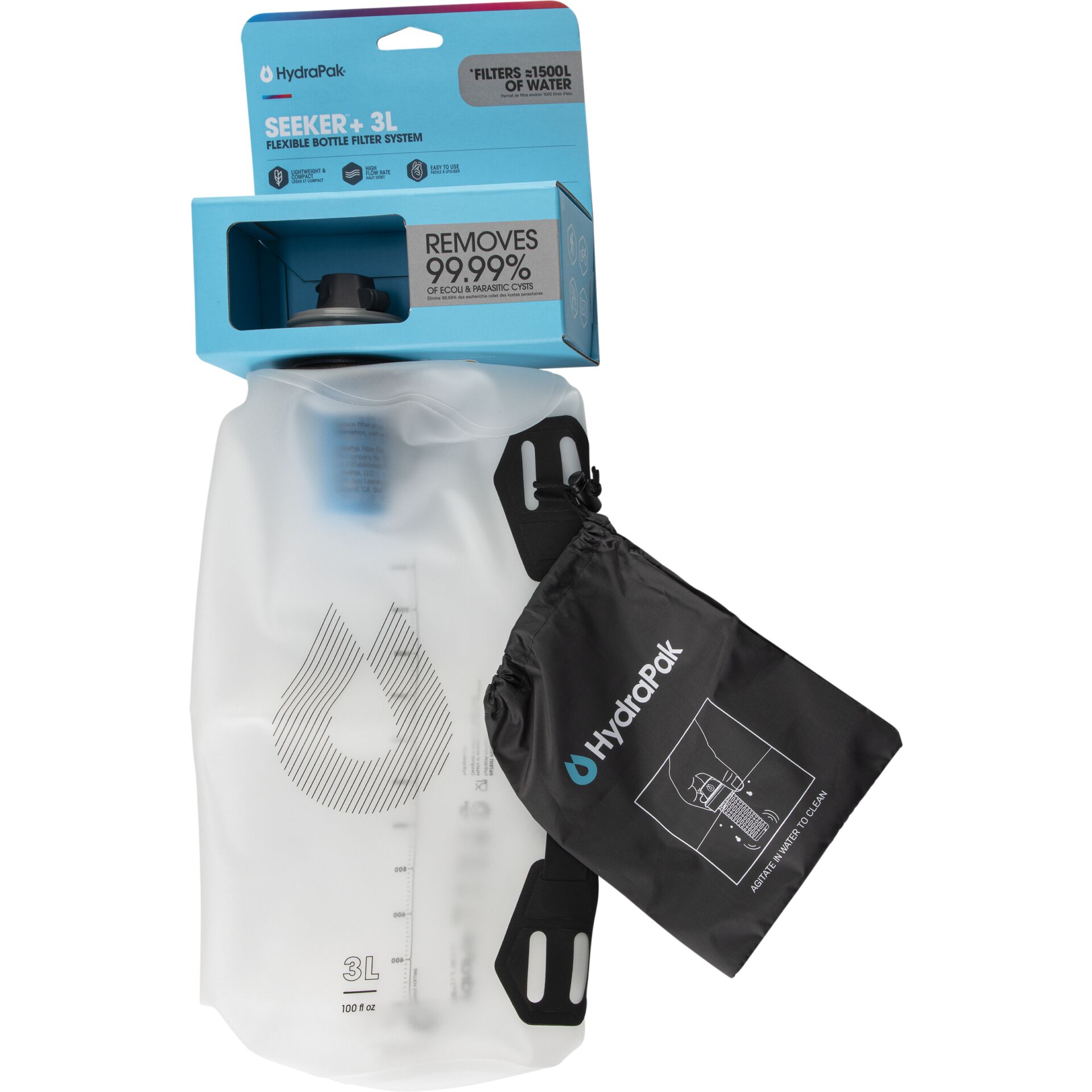 HydraPak Seeker+ 3L flexible Trinkflasche mit integriertem Filter, entfernt 99,99% der Bakterien. Ideal für Outdoor-Abenteuer.