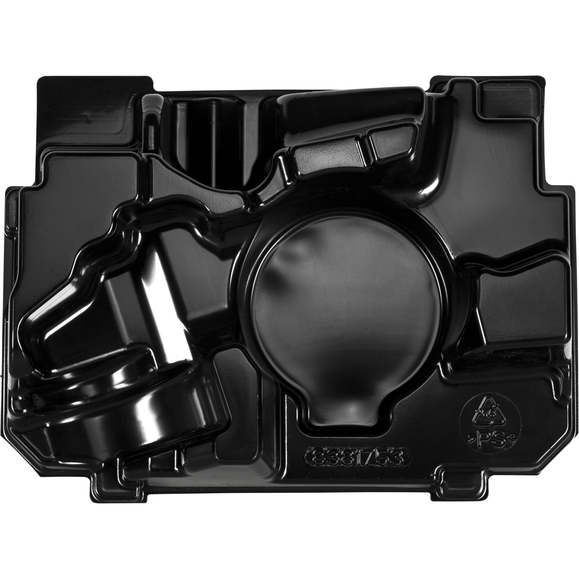 Schwarze, formschlüssige Kunststoffverpackung mit Recycling-Symbol, geeignet zur sicheren Aufbewahrung von Waren