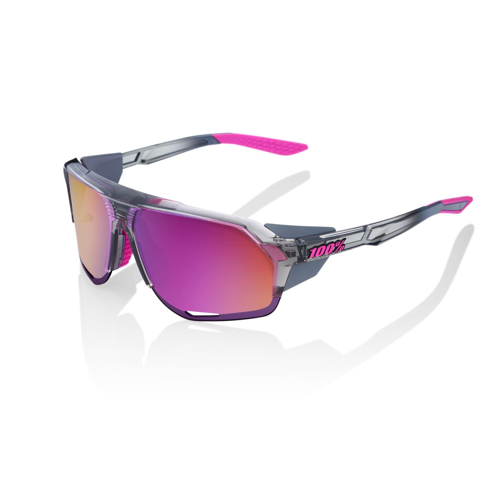 Hochwertige Sportsonnenbrille mit pink-violetten Gläsern, ideal für Outdoor-Aktivitäten
