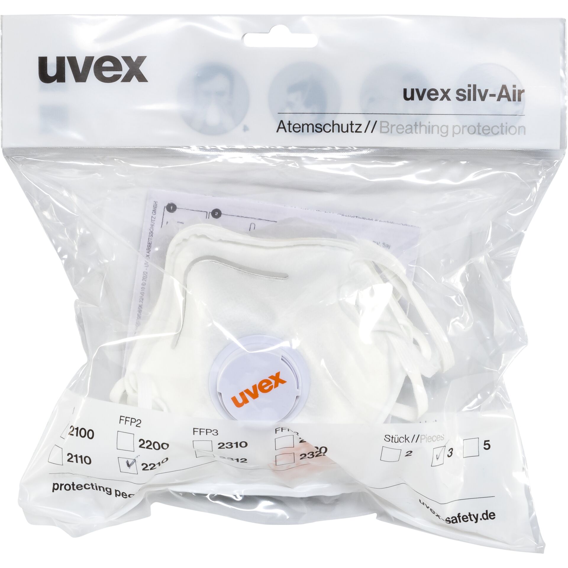 Verpackung der uvex silv-Air FFP2 Atemschutzmaske mit Atemventil, 3 Stück, weiß. Schutz gegen Partikel und Aerosole.