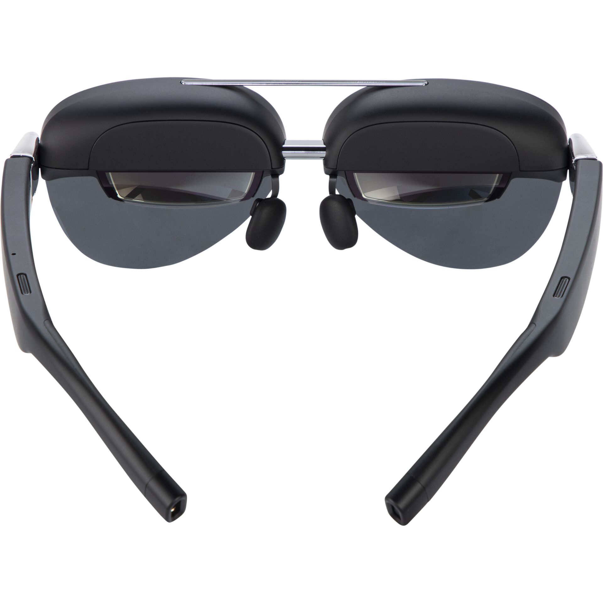 Rückansicht einer modernen Virtual Reality Brille mit klappbarem Design und dunklen Gläsern