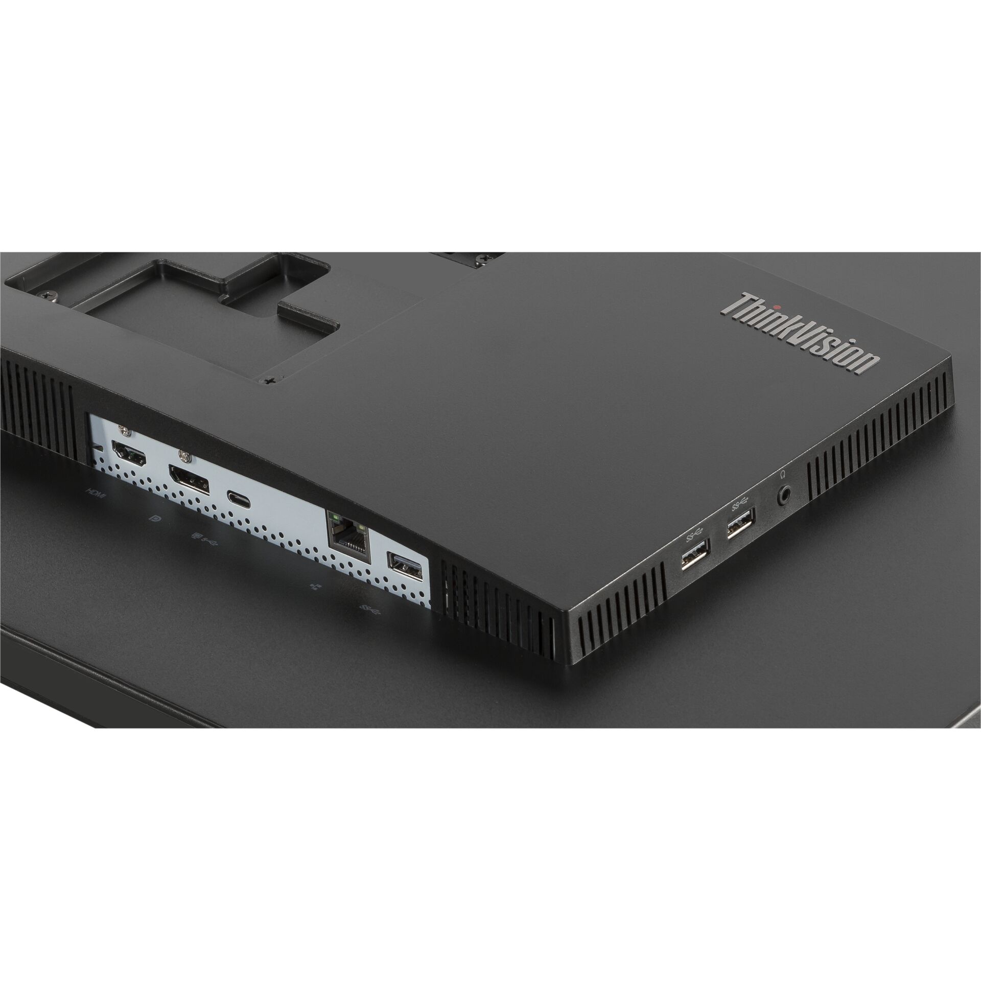 Nahaufnahme der Anschlüsse an der Rückseite eines ThinkVision-Monitors, inklusive HDMI, USB und Ethernet-Ports