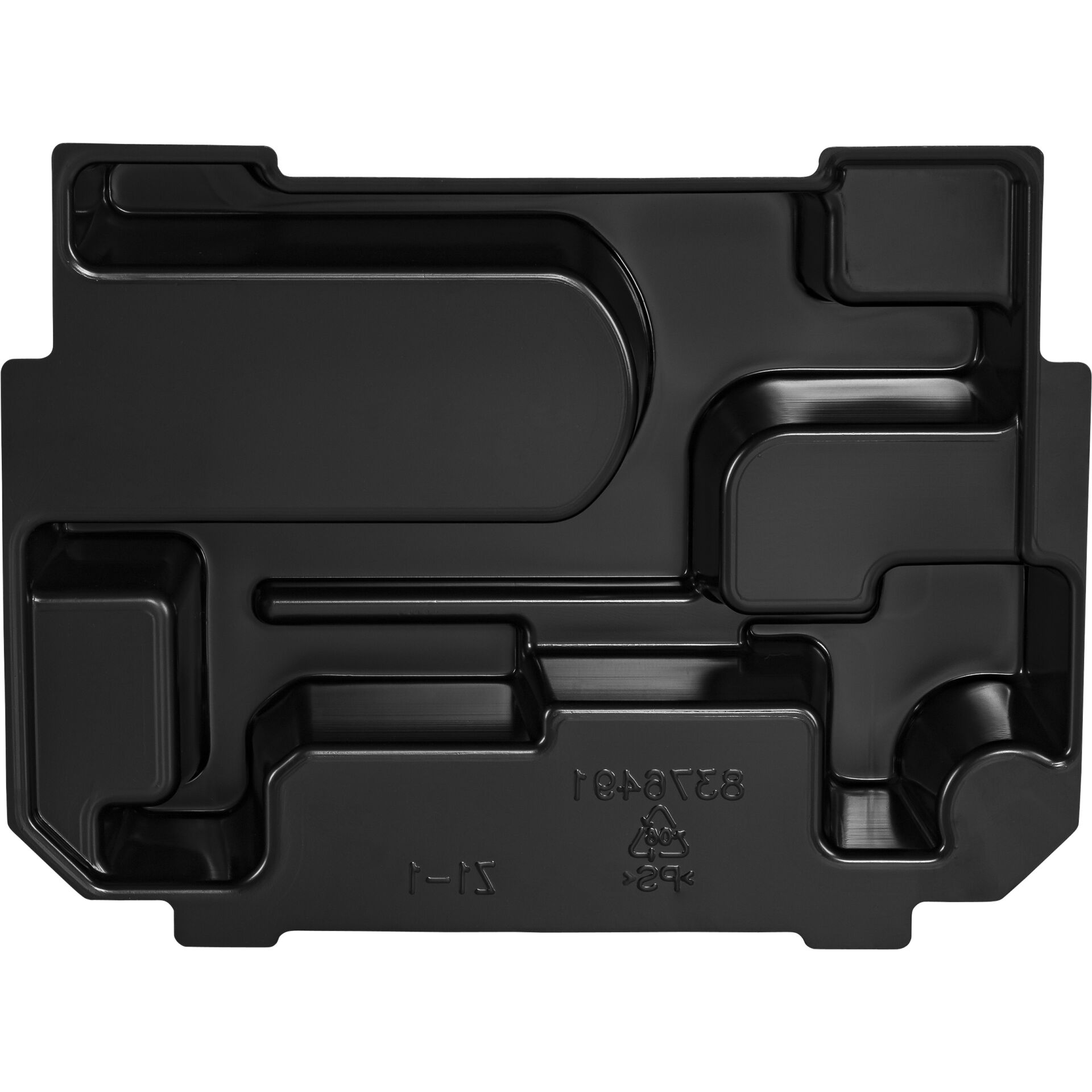 Schwarze Kunststoffform für Verpackungszwecke Schwarze Form aus Kunststoff mit verschiedenen Fächern zur Verpackung von Produkten.