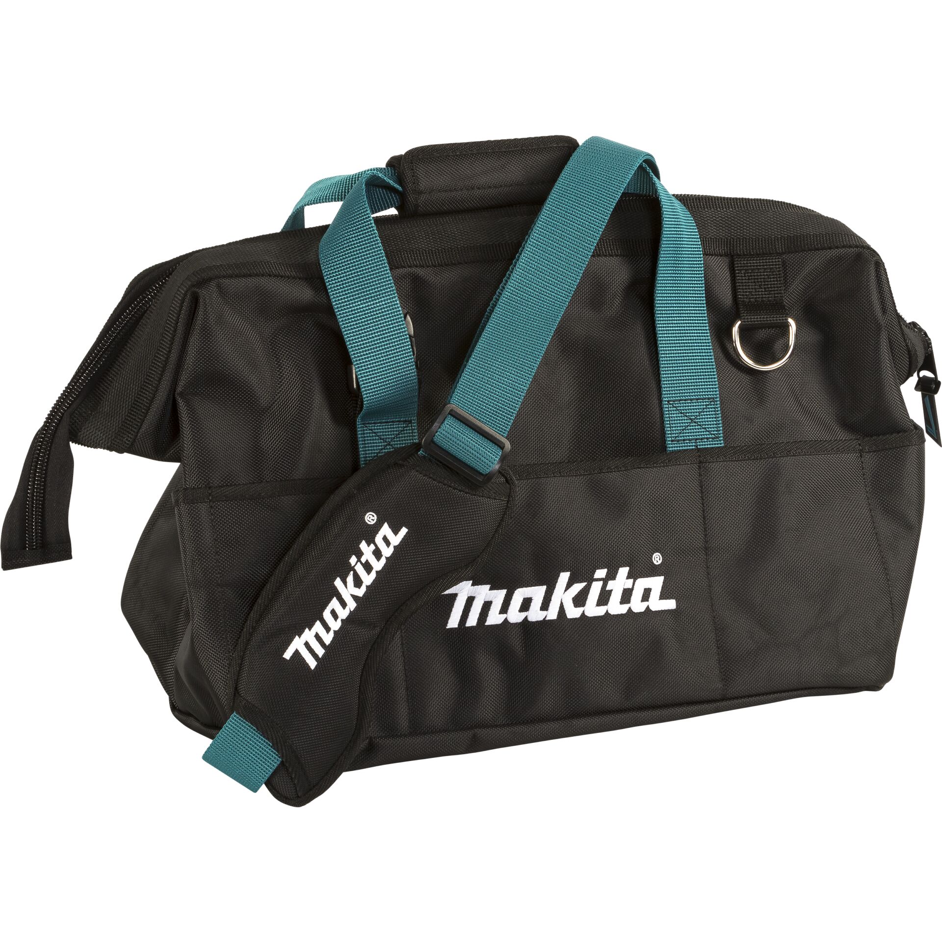 Schwarze Makita Werkzeugtasche mit türkisfarbenem Tragegurt und Reißverschluss