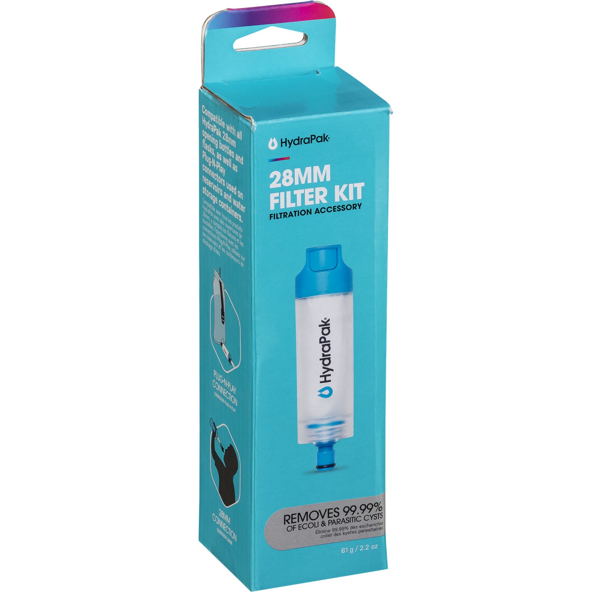 Verpackung des HydraPak 28mm Filter Kits zur Wasserfiltration, entfernt 99,99% von E. coli und Parasiten