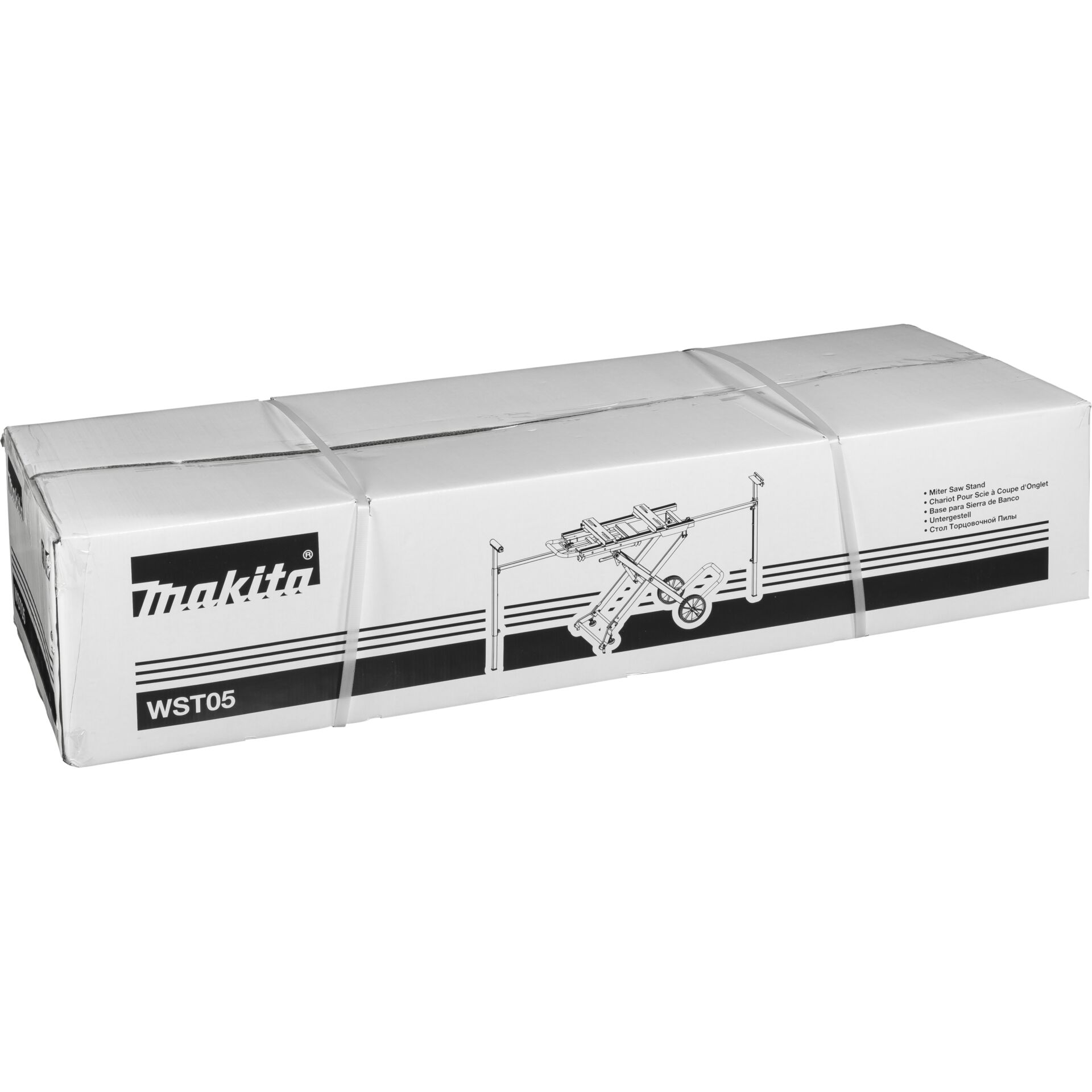 Weiße Verpackung des Makita WST05 Sägebocks mit Abbildung und Logos