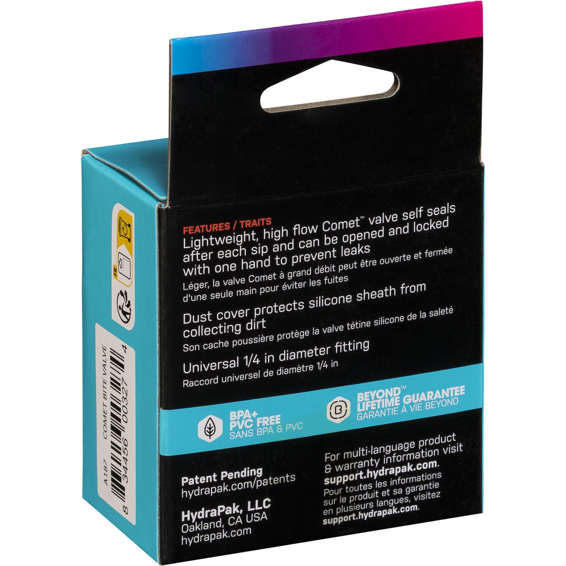 Seitenansicht einer HydraPak Comet Ventilverpackung, die Details zu den Produkteigenschaften zeigt, wie selbstschließendes Ventil und Staubschutz.