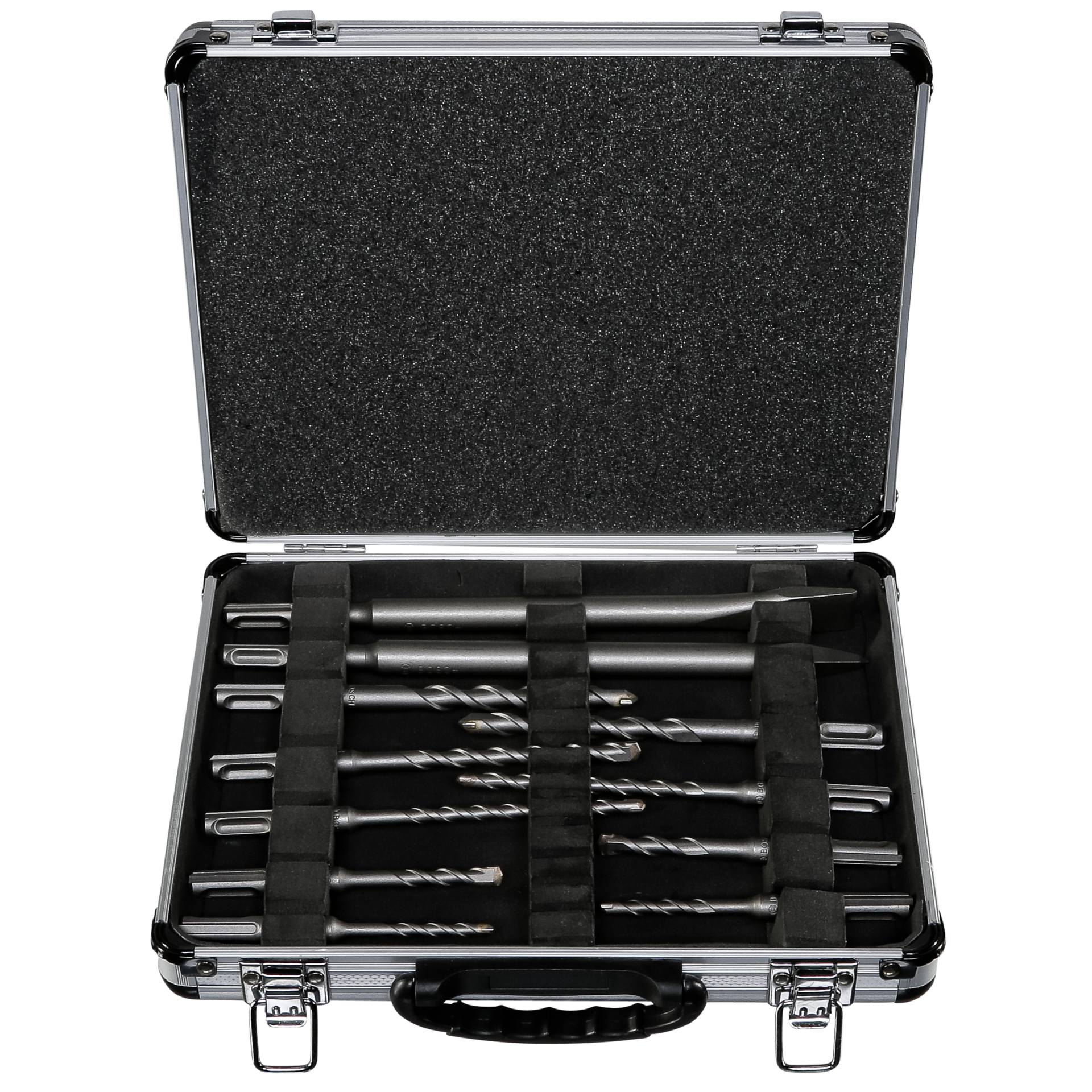 Offener Transportkoffer mit einem 14-teiligen Set aus SDS-Bohrern und Meißeln. Ideal für Bau- und Renovierungsarbeiten.