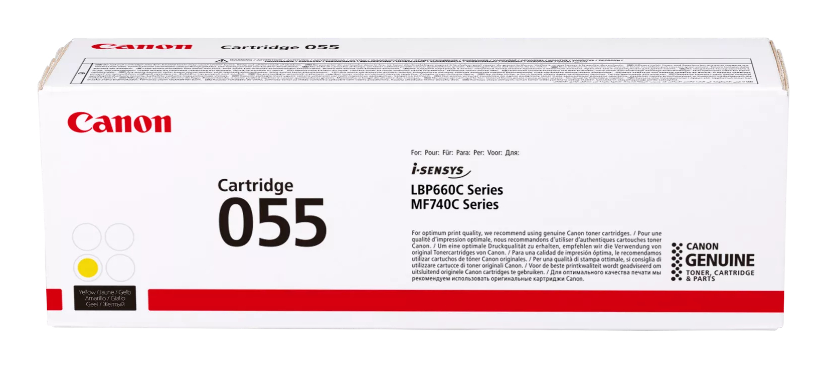 Verpackung der Canon Original Tonerkartusche 055 in Gelb, kompatibel mit i-SENSYS LBP660C und MF740C Serien.