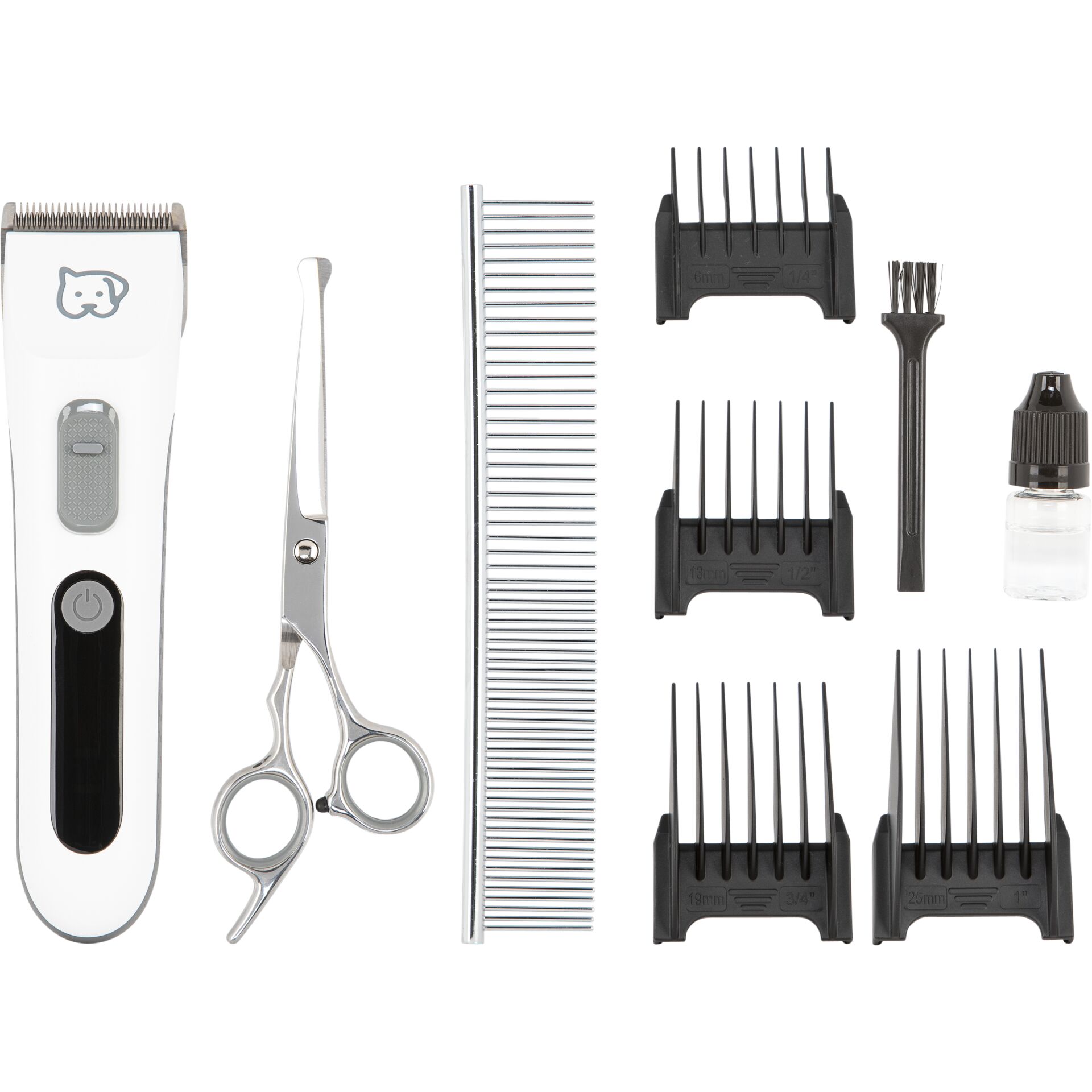 Haustierpflege-Set mit elektrischem Trimmer, Schere, Kamm, verschiedenen Aufsätzen, Reinigungsbürste und Ölfläschchen