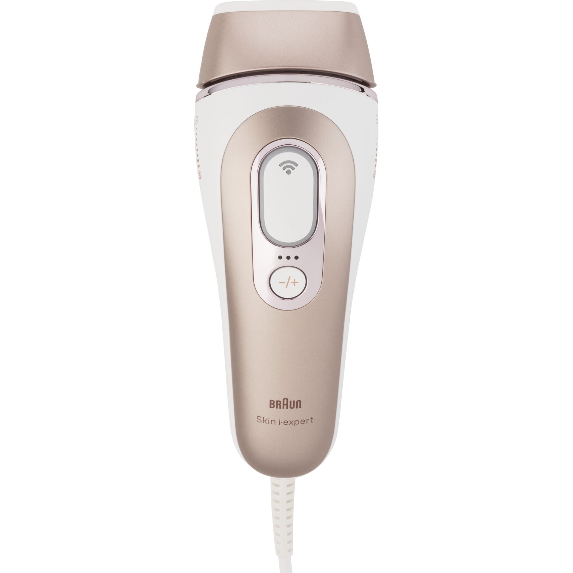 Nahaufnahme des Braun Skin Expert IPL Haarentfernungssystems mit Tasten und Sensoranzeige