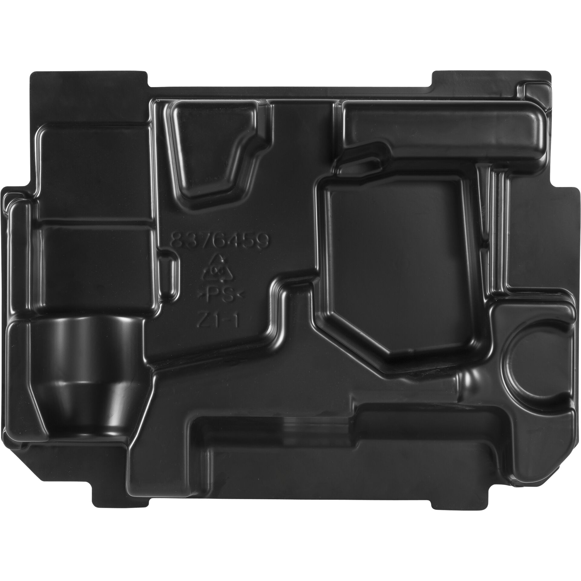 Schwarzes geformtes Kunststoffteil mit spezifischen Einkerbungen und Markierungen