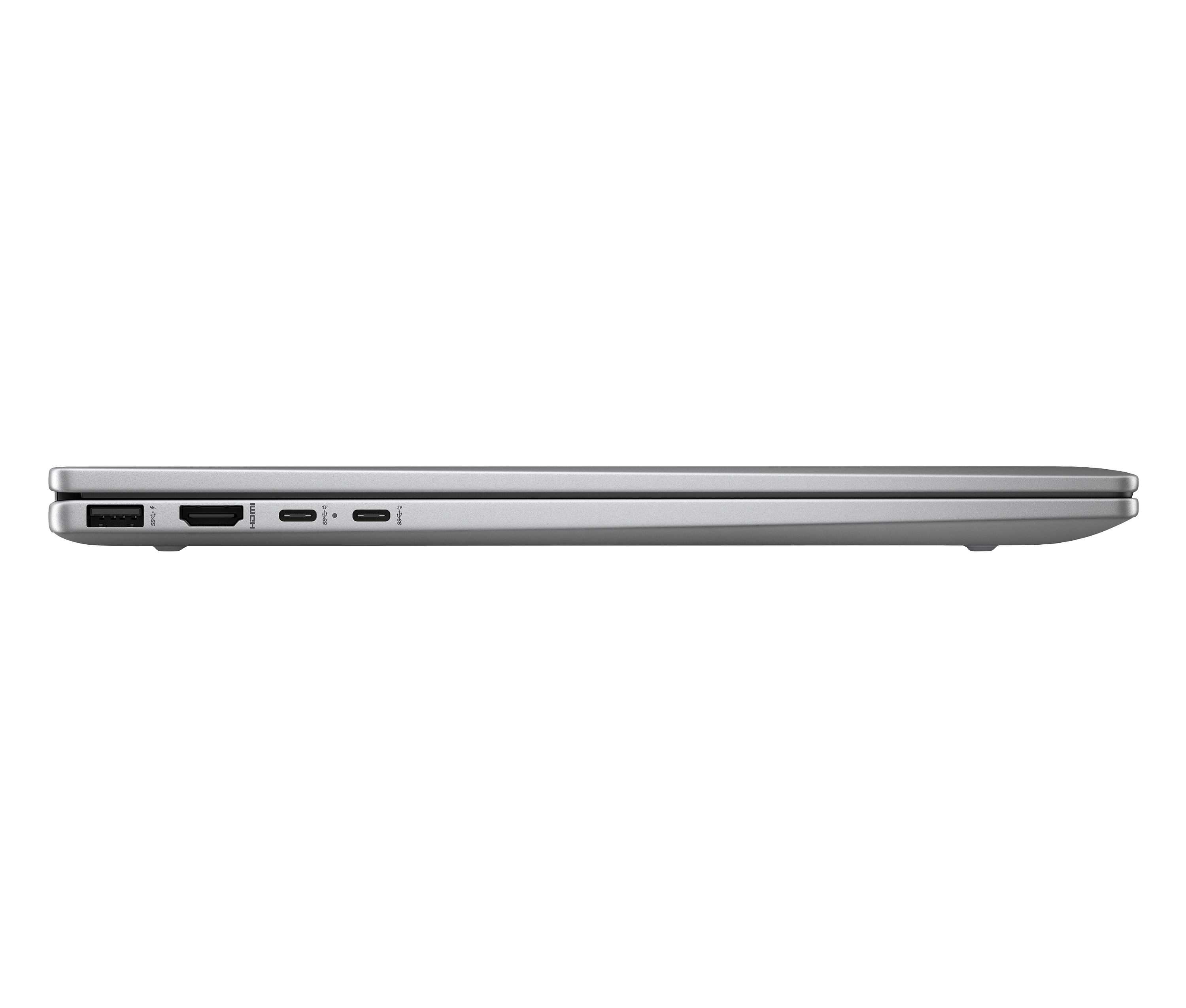 Geschlossener silberner Laptop mit Anschlüssen wie USB, HDMI und USB-C in der Seitenansicht