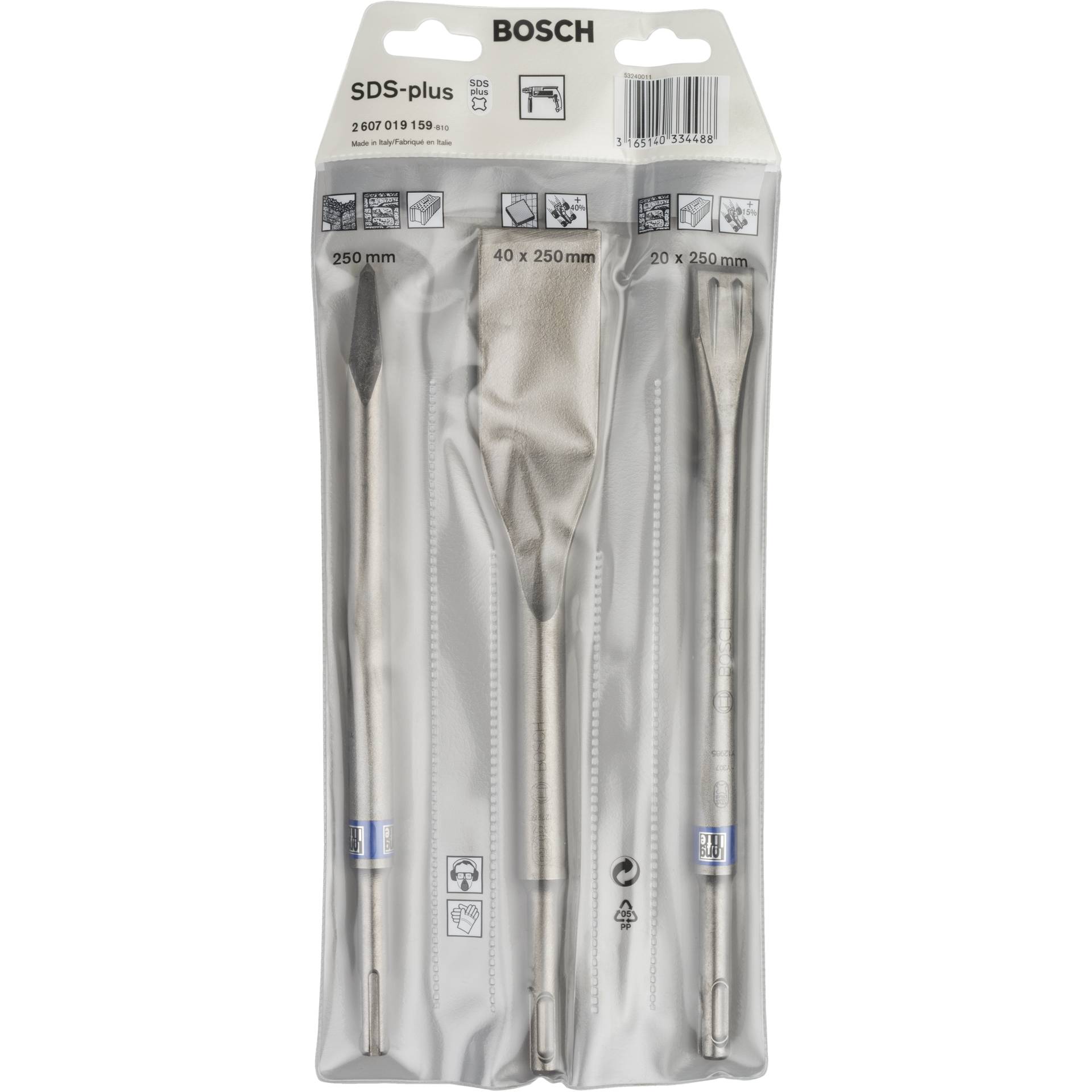 Dreiteiliges Bosch SDS-plus Meißel-Set in einer Verpackung, ideal für Betonarbeiten mit Längen von 250 mm, 40 mm und 20 mm.