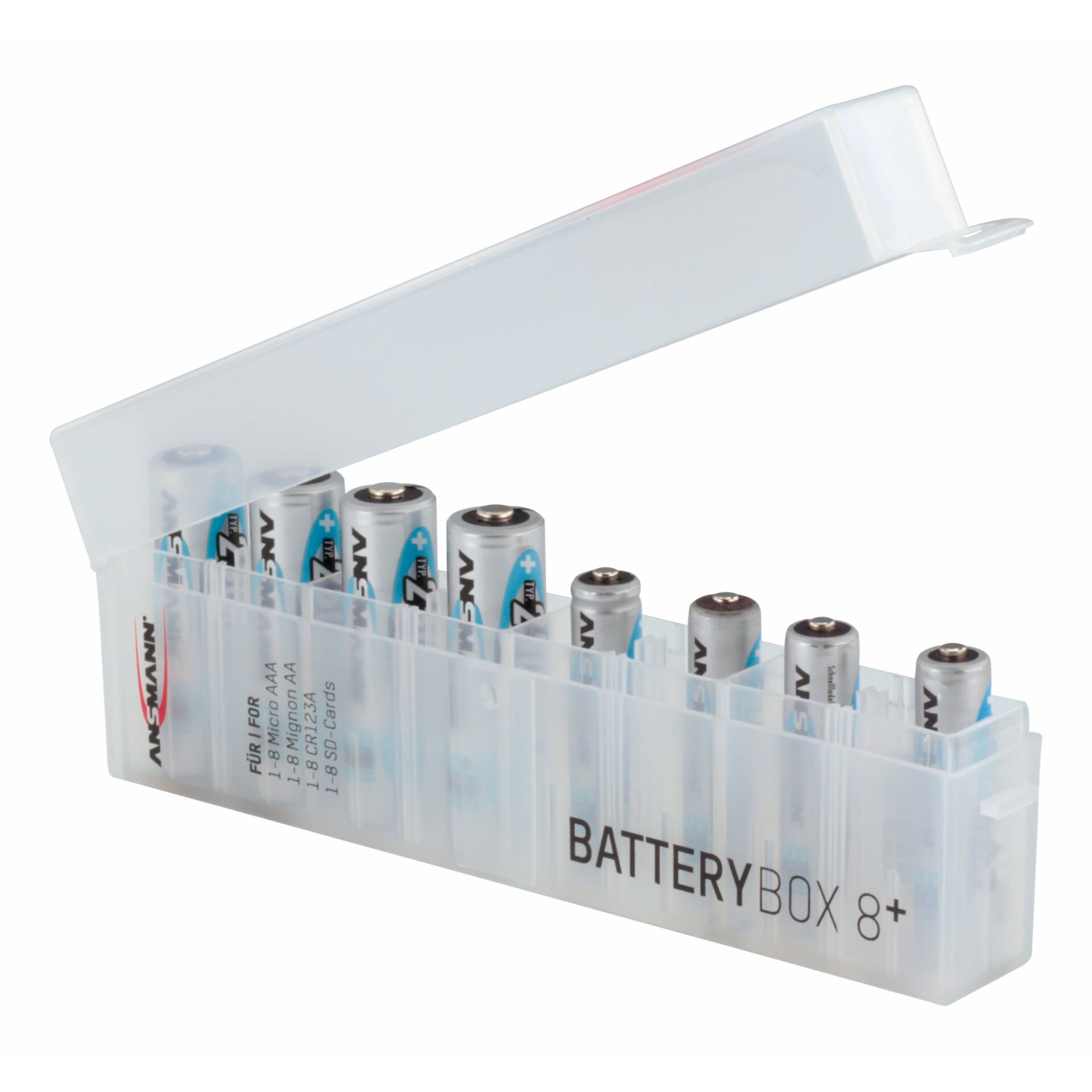 Durchsichtige Batteriebox mit AA- und AAA-Batterien zur sicheren Aufbewahrung