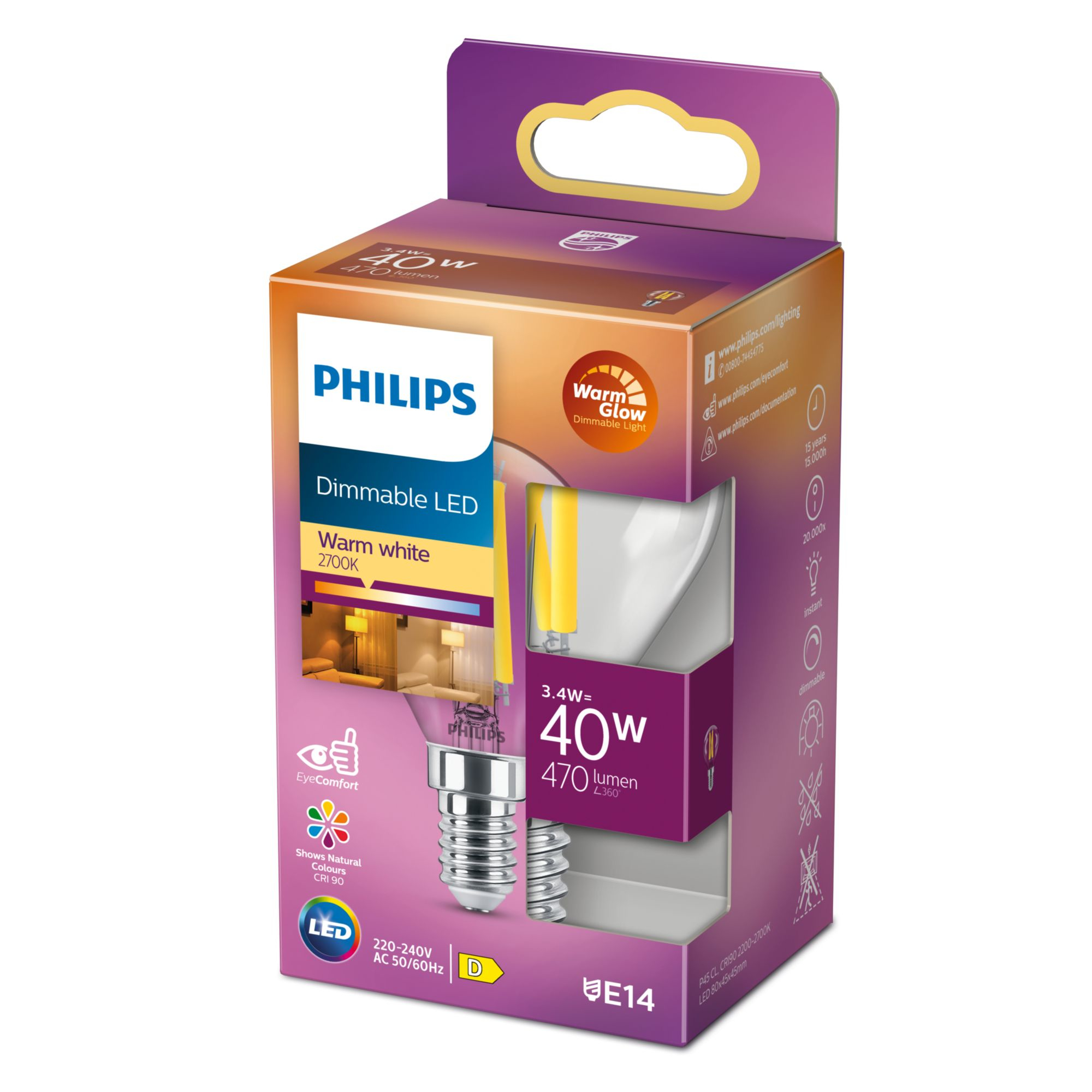 Philips LED classic WarmGlow Tropfenlampe 40W E14 Klar dimmbar 92169144_3299056453