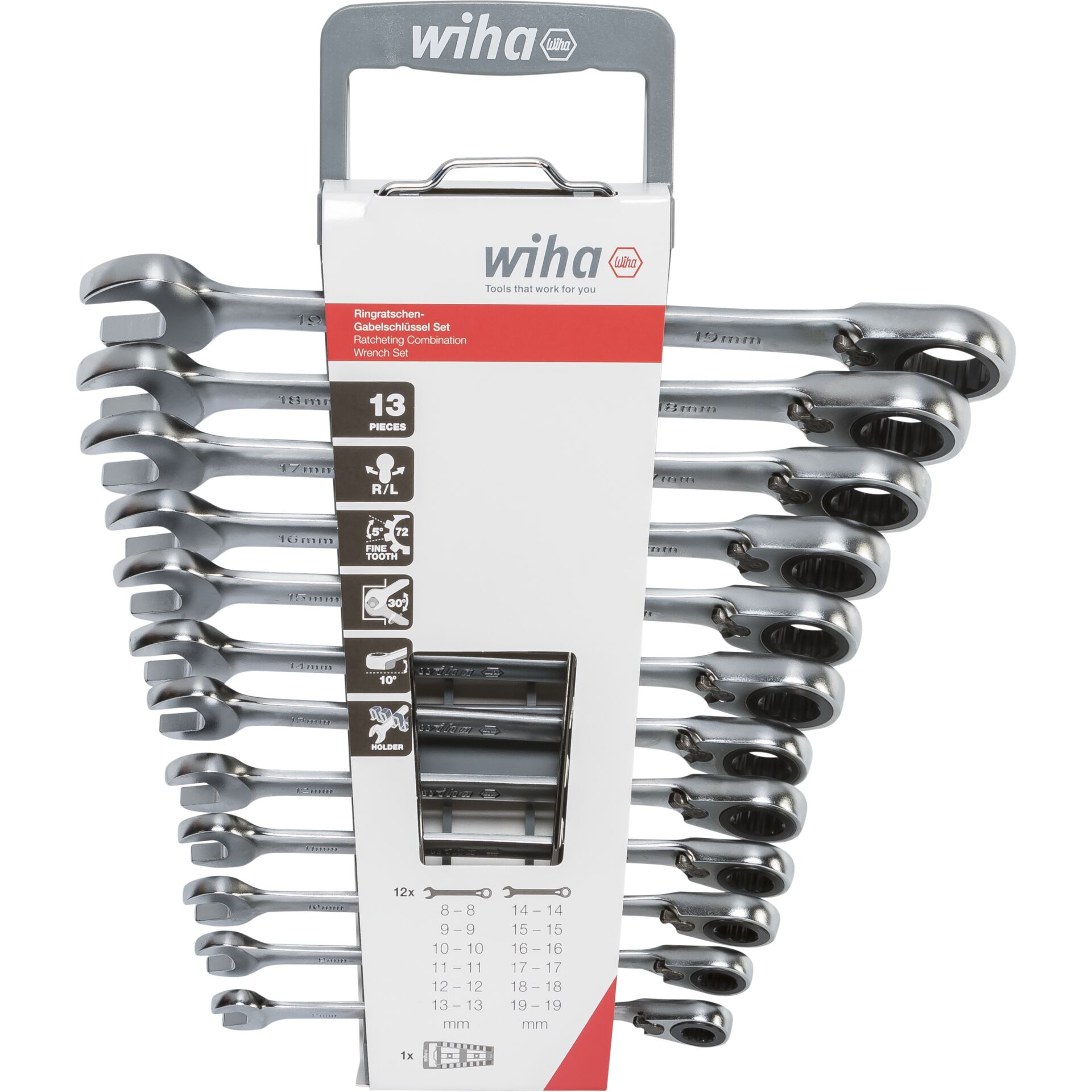 Wiha Ringratschen-Gabelschlüssel-Set mit 13 verschiedenen Größen, verpackt in einem praktischen Halter.
