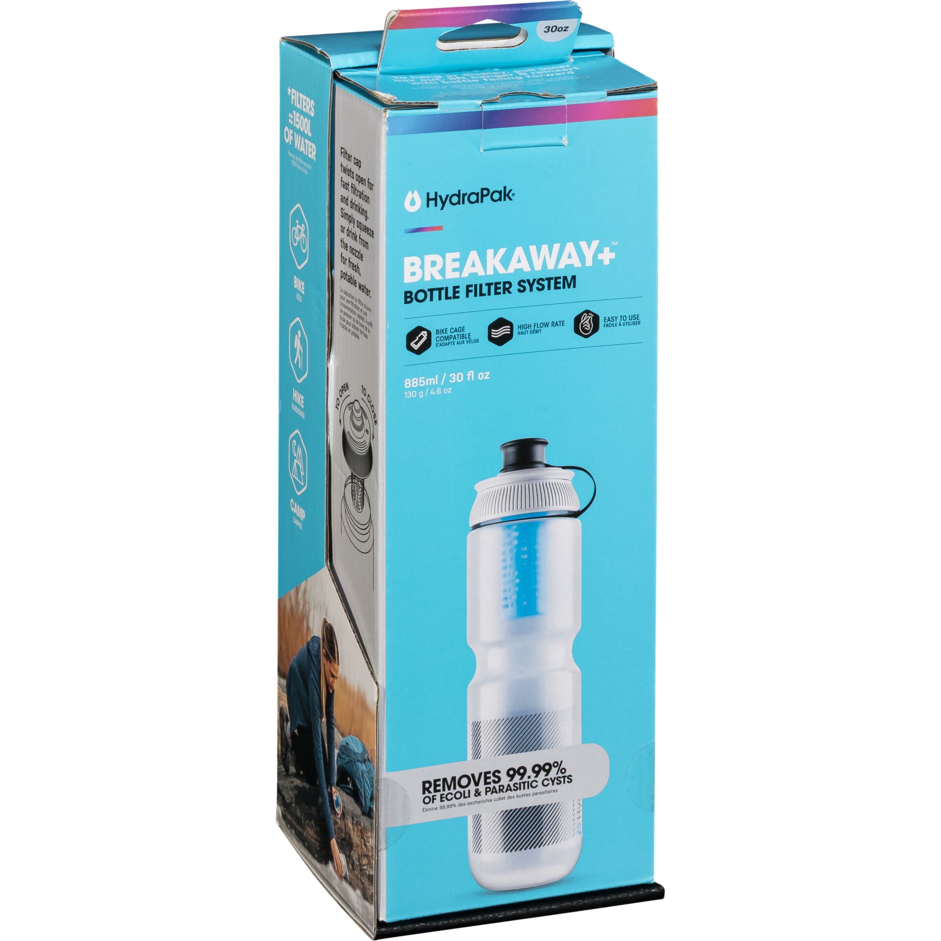 Verpackung des HydraPak Breakaway+ Flaschenfiltersystems, 885 ml Kapazität