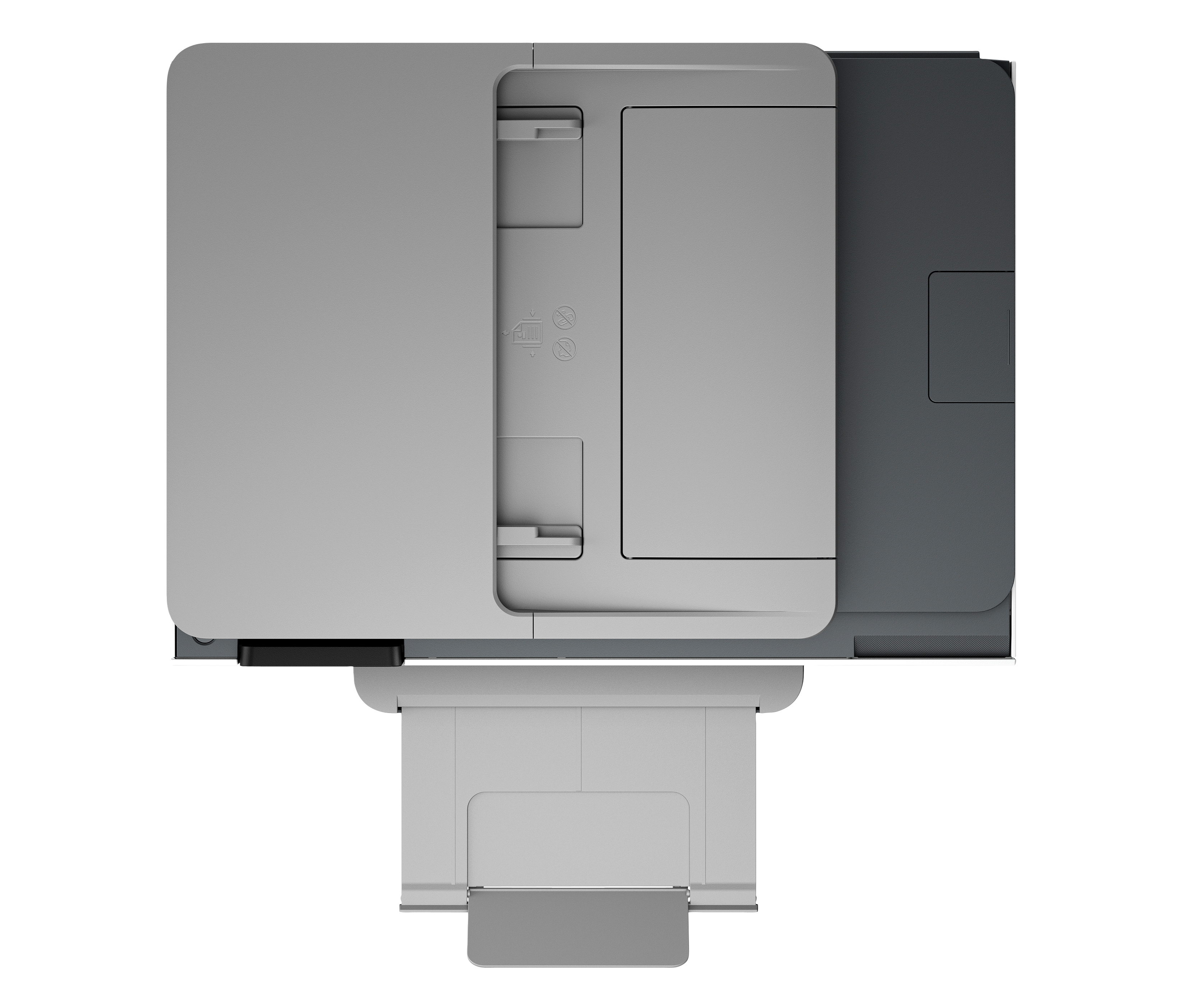Draufsicht auf einen modernen Multifunktionsdrucker mit offenem Papierfach