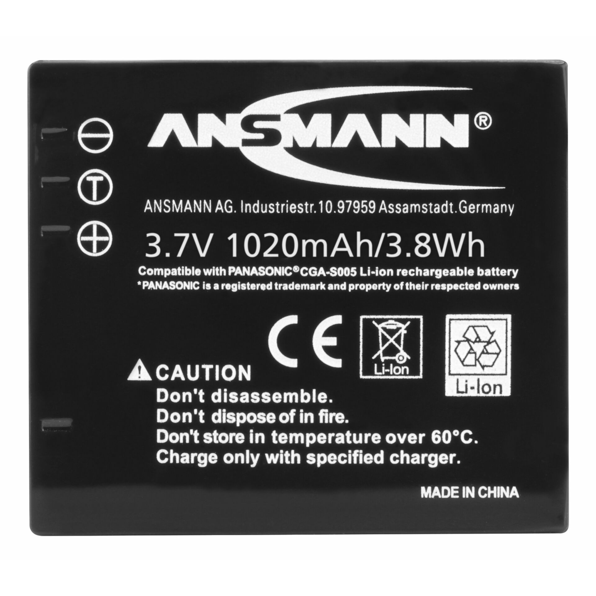 Schwarzer Li-Ion Akku von ANSMANN mit 1020mAh Kapazität, kompatibel mit Panasonic CGA-S005, inklusive Sicherheitshinweisen und CE-Zertifikat