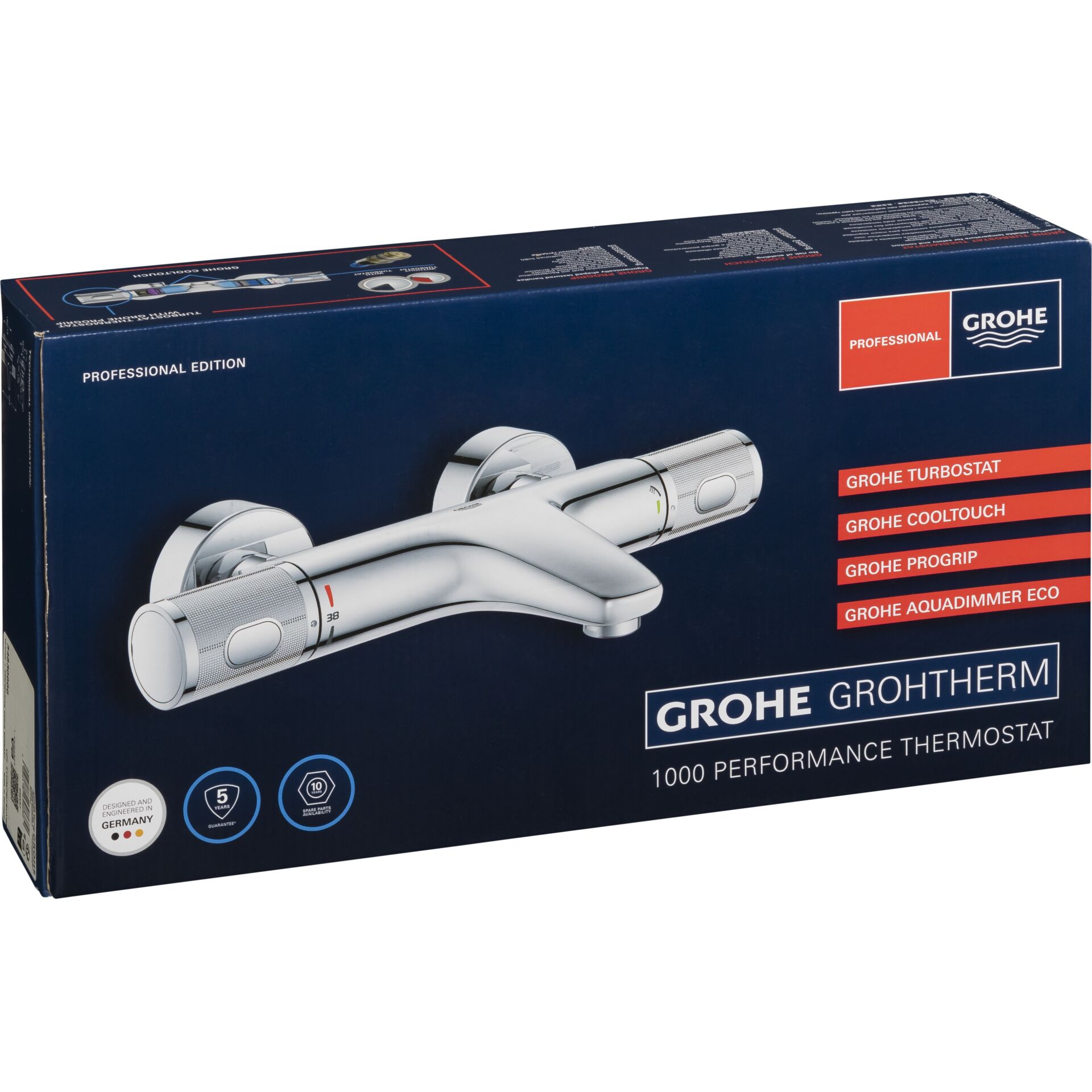 Verpackung des Grohe Grohtherm 1000 Performance Thermostats mit Grohe TurboStat, CoolTouch und Eco-Dimmer.