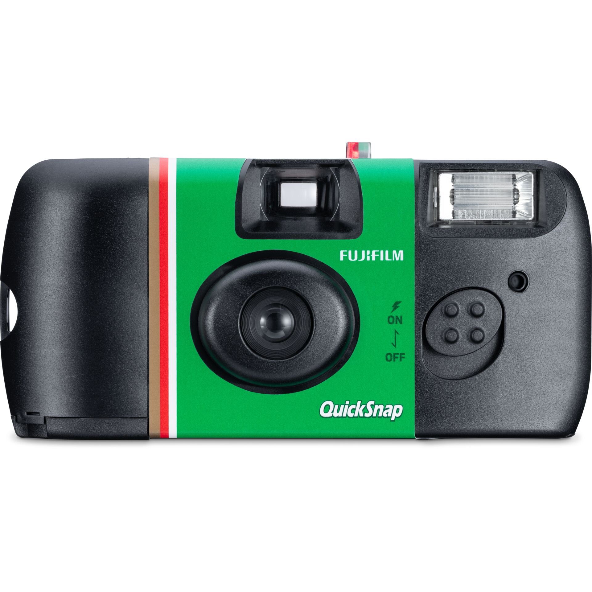 Vorderansicht der Fujifilm QuickSnap Einwegkamera mit grünem Gehäuse und integriertem Blitz