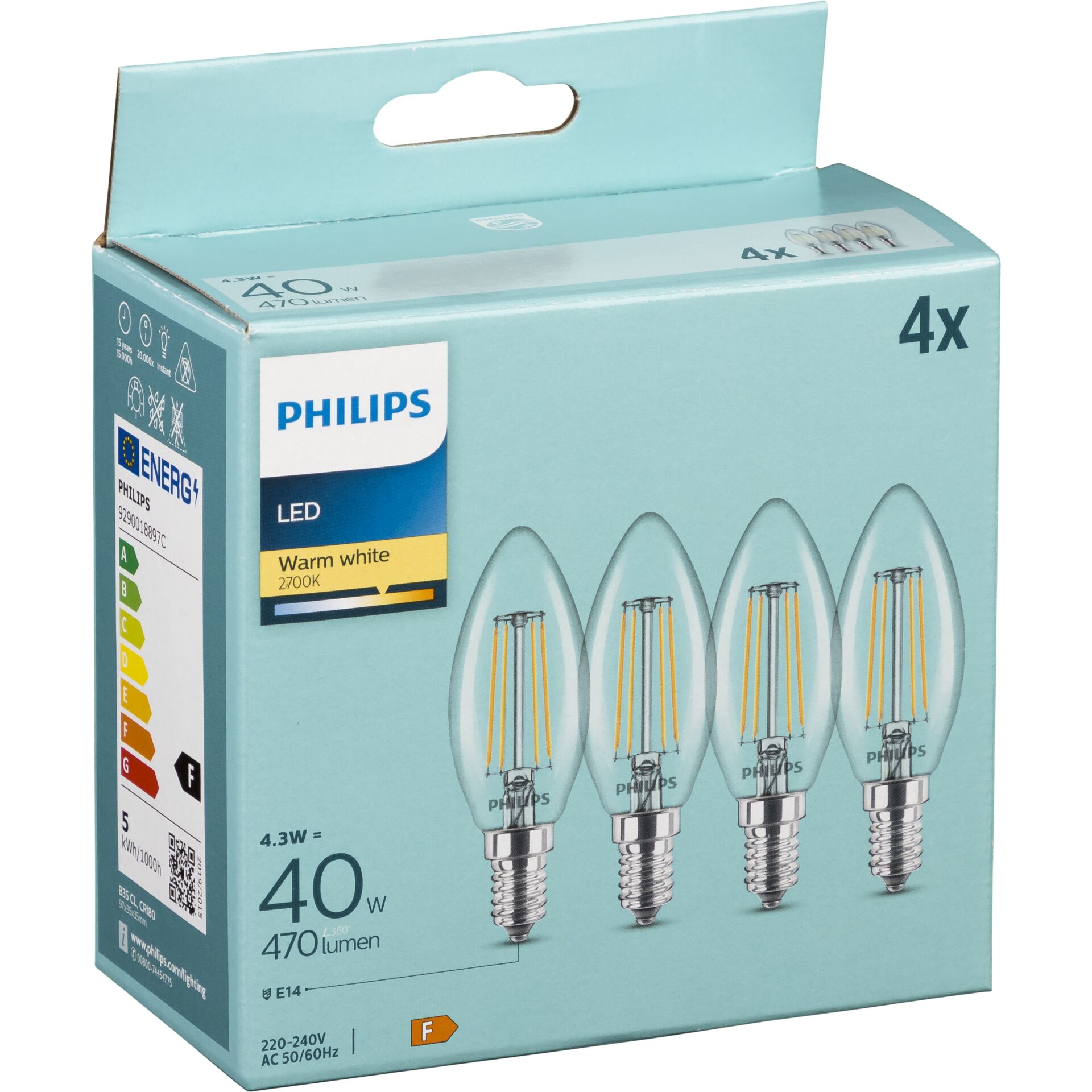 Philips LED Lampe E14 4er Set 40W 2700K Filament Kerzenform 786571_02