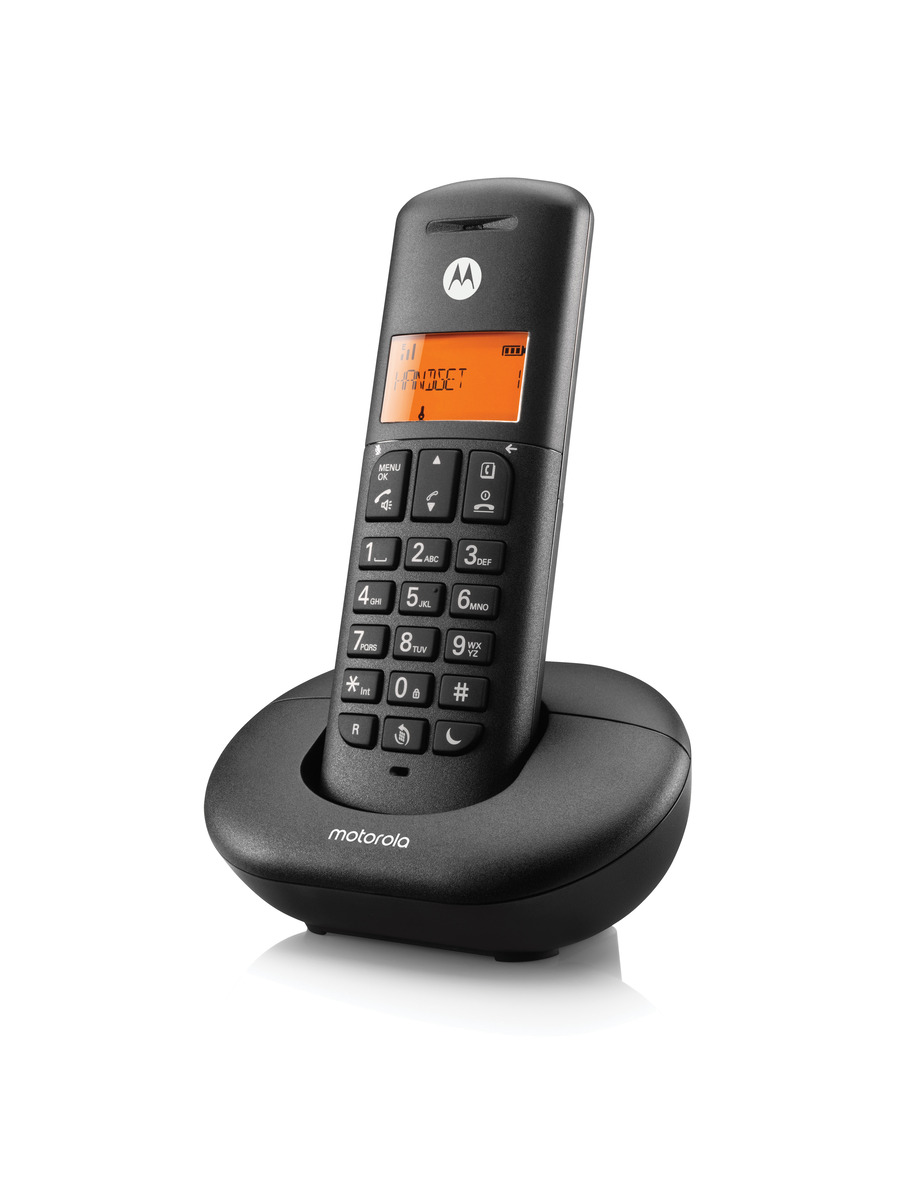 Schwarzes schnurloses Telefon mit beleuchtetem Display und Basisstation