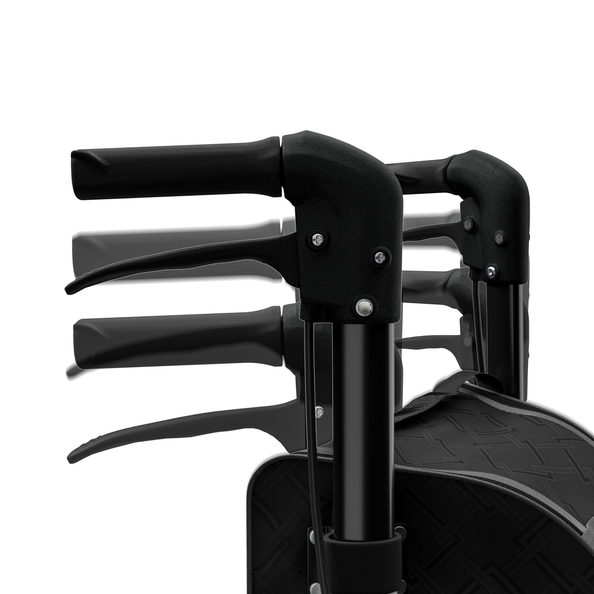 Nahaufnahme der verstellbaren Handgriffe eines Rollators mit integriertem Bremssystem