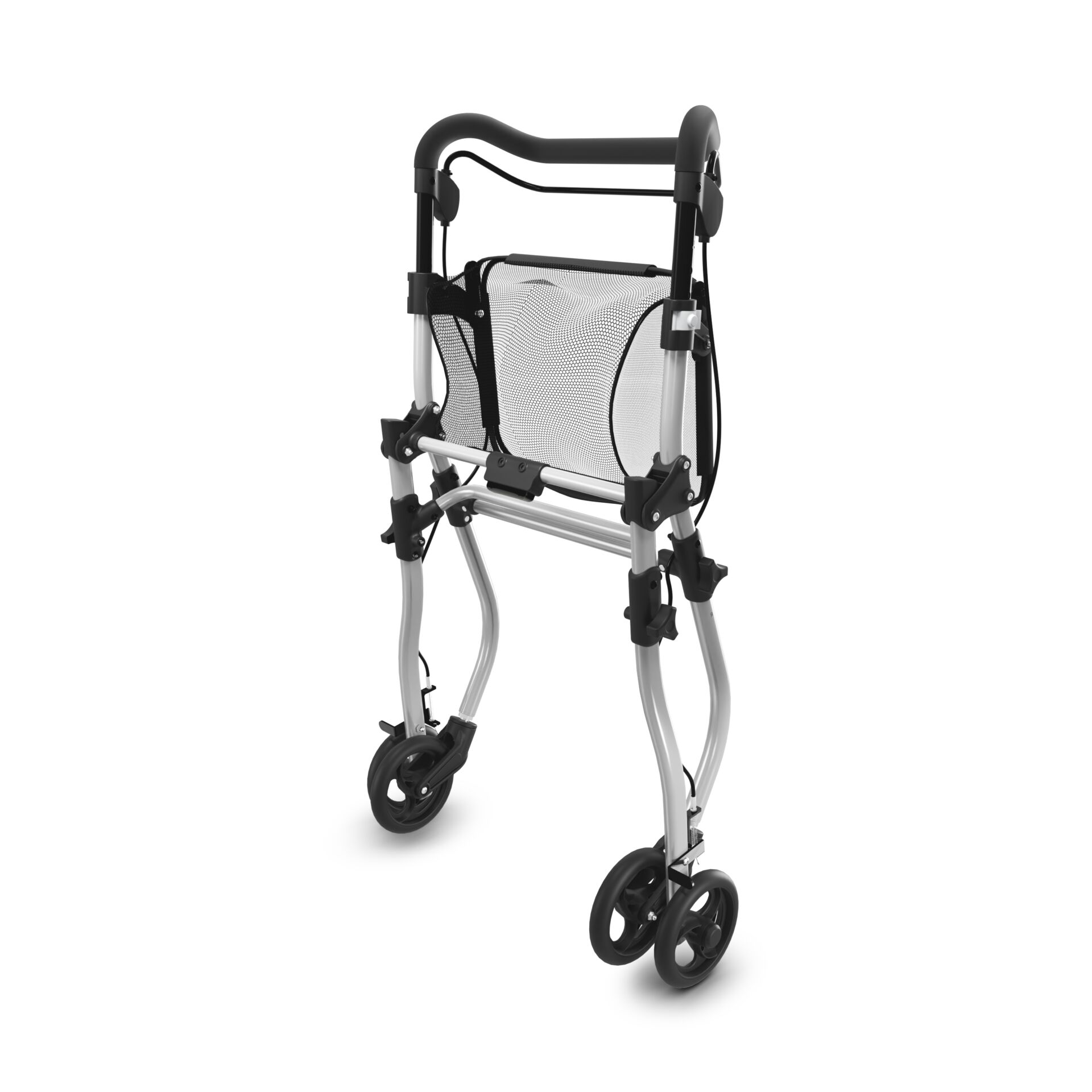 Ein faltbarer Rollator mit zwei Rädern vorne und einer schwarzen Einkaufstasche am Rahmen