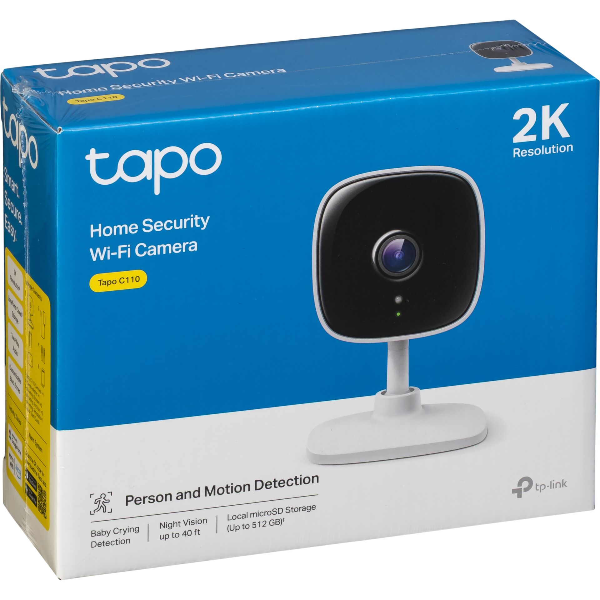 Produktverpackung der Tapo C110 WLAN-Sicherheitskamera mit 2K-Auflösung, Personenerkennung und Bewegungsmelder