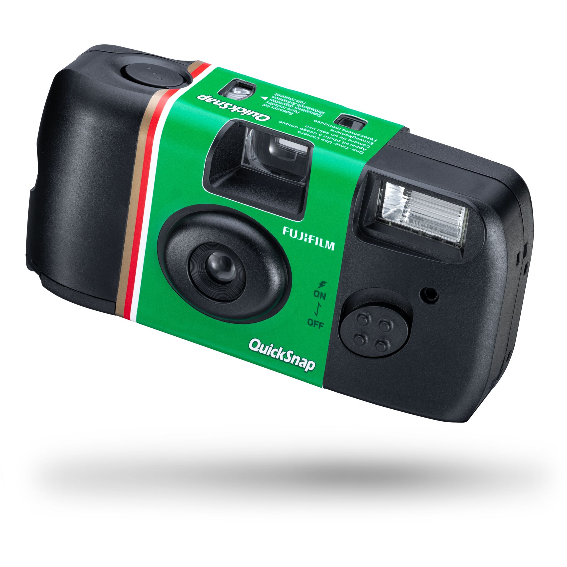 Naheaufnahme einer Fujifilm QuickSnap Einwegkamera mit grünem Design und integriertem Blitz