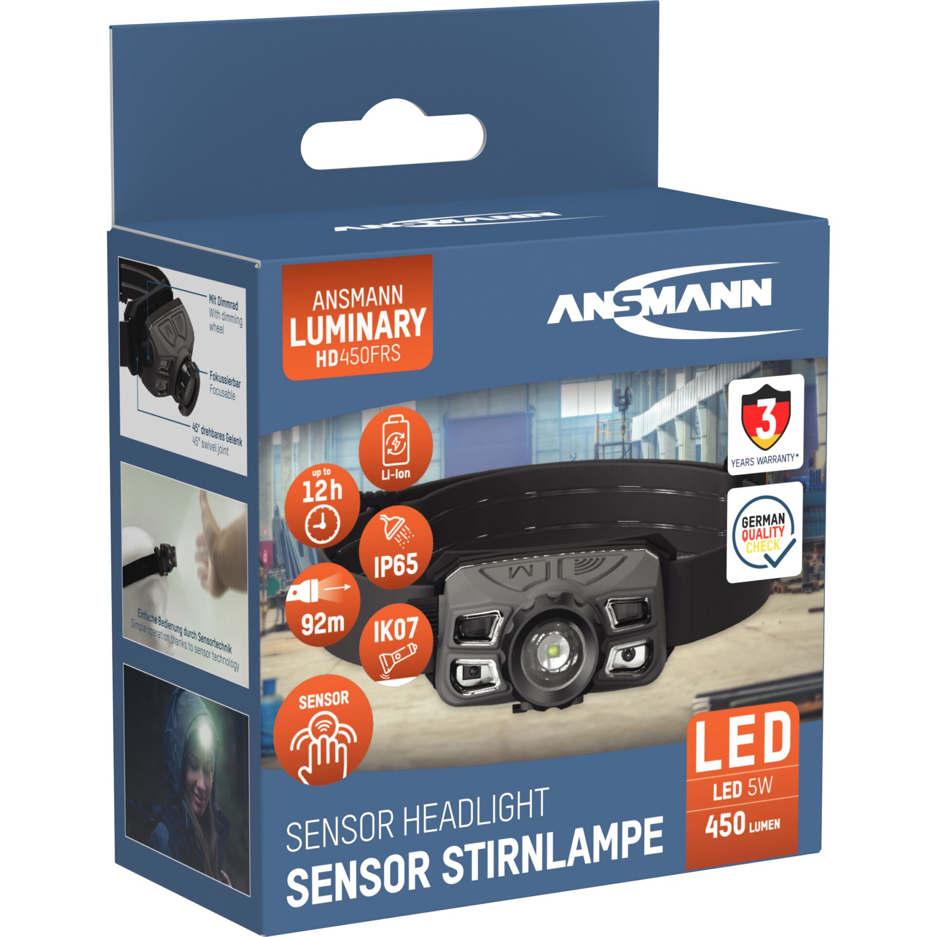 Ansmann Headlight HD450FRS Dimmbar, Li-Ion, USB-C 1600-0528