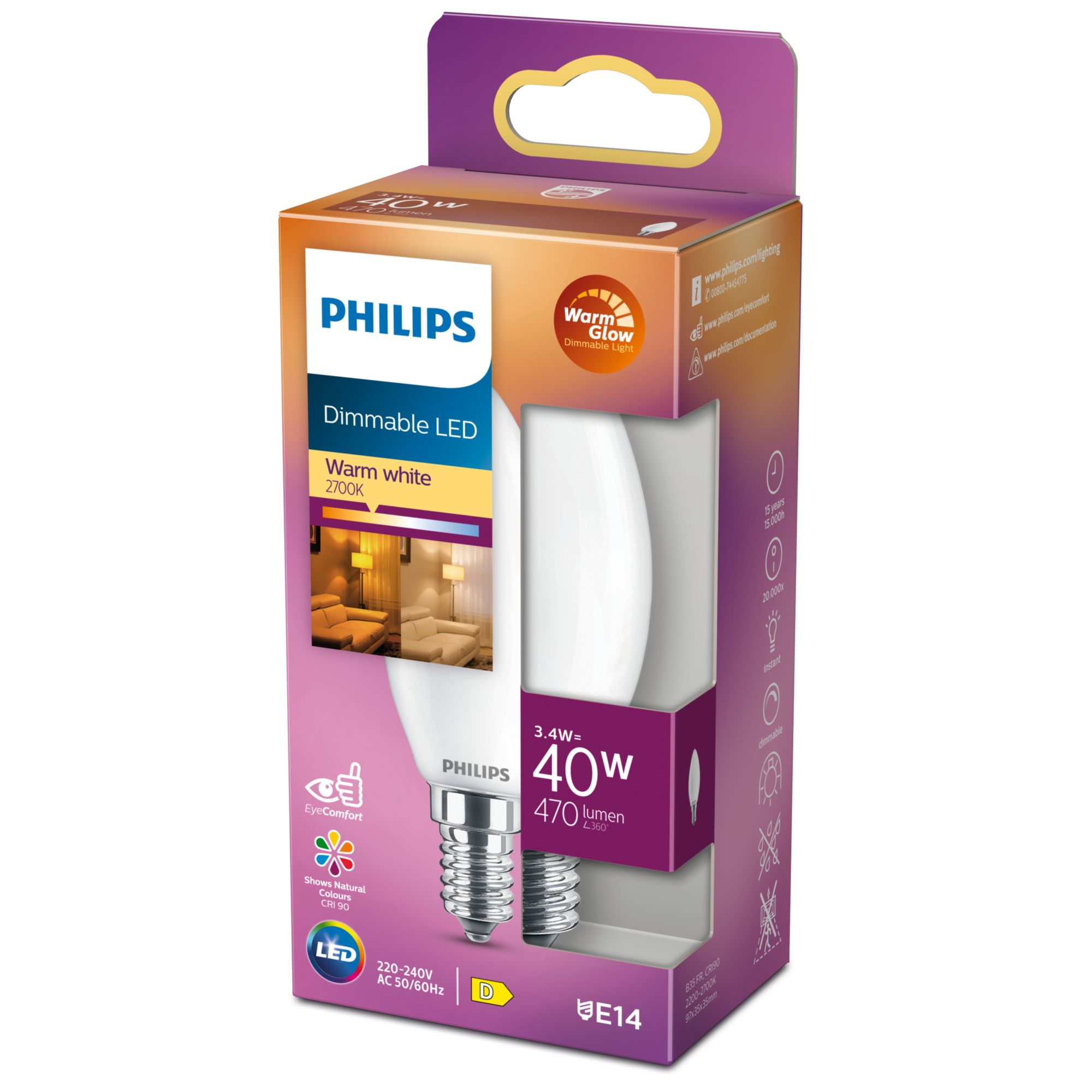 Philips LED Classic WarmGlow B35 Kerzenlampe 40W E14 Matt dimm 92169139_6358526214