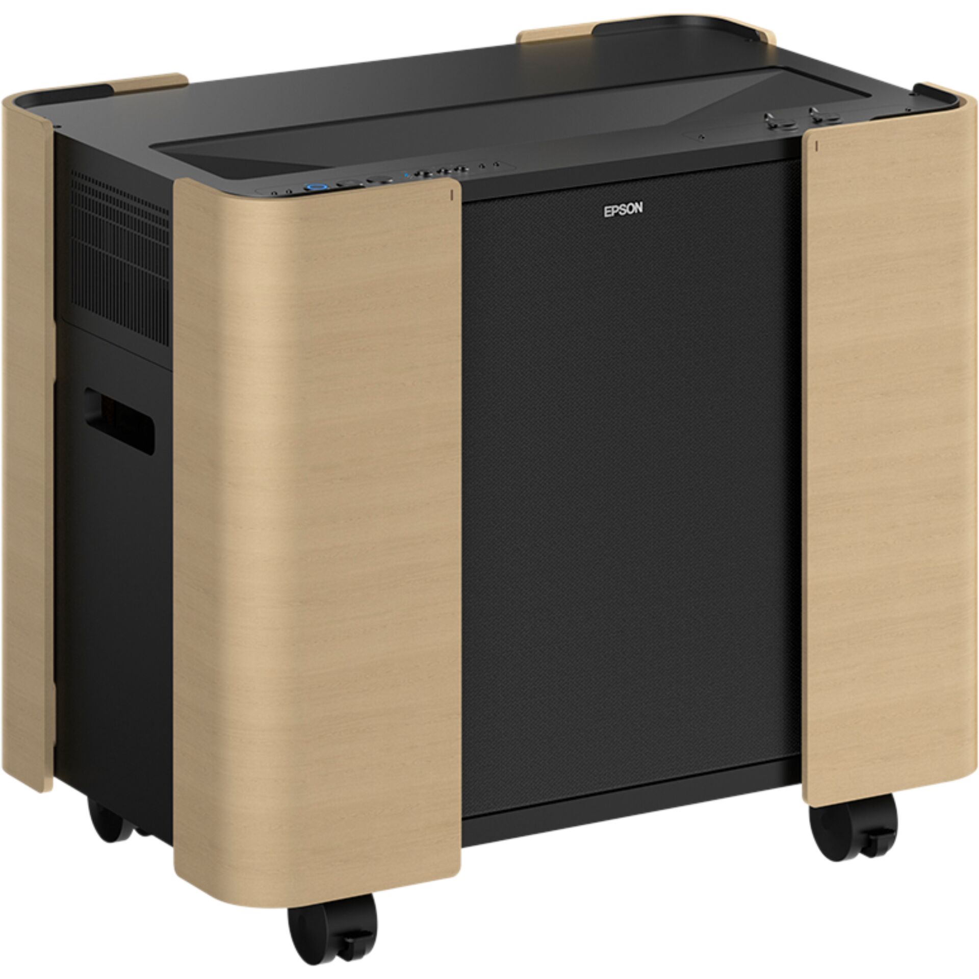 Eleganter Projektionstisch von Epson mit Holzdesign und beweglichen Rollen