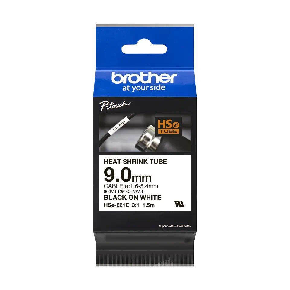 Brother HSe-221E Schrumpfschlauch schwarz auf weiß -9 mm-