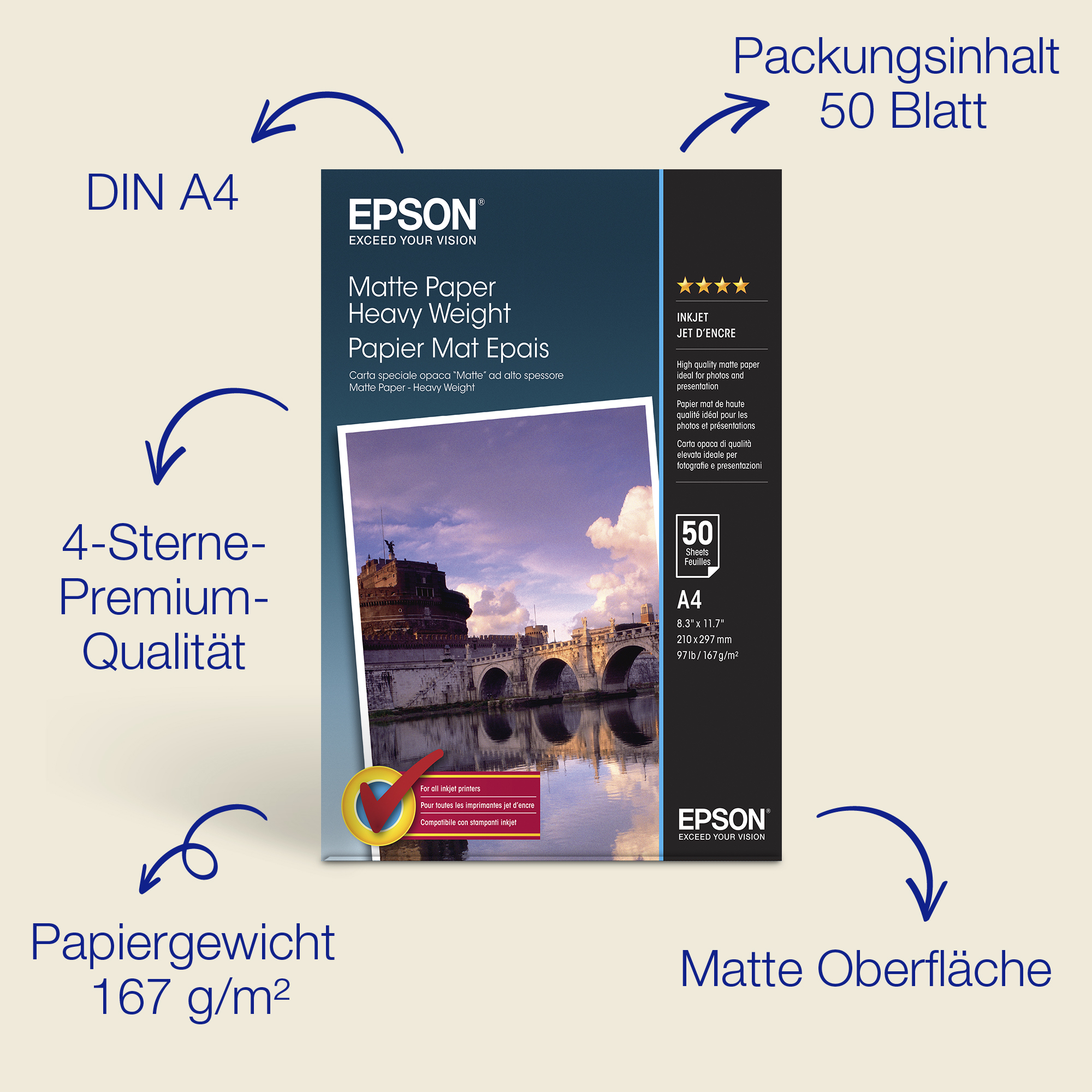 Epson schweres mattes Papier C13S041256 -A4-50 Blatt- a2922bced80694cc40d9be452443ca2958e75140