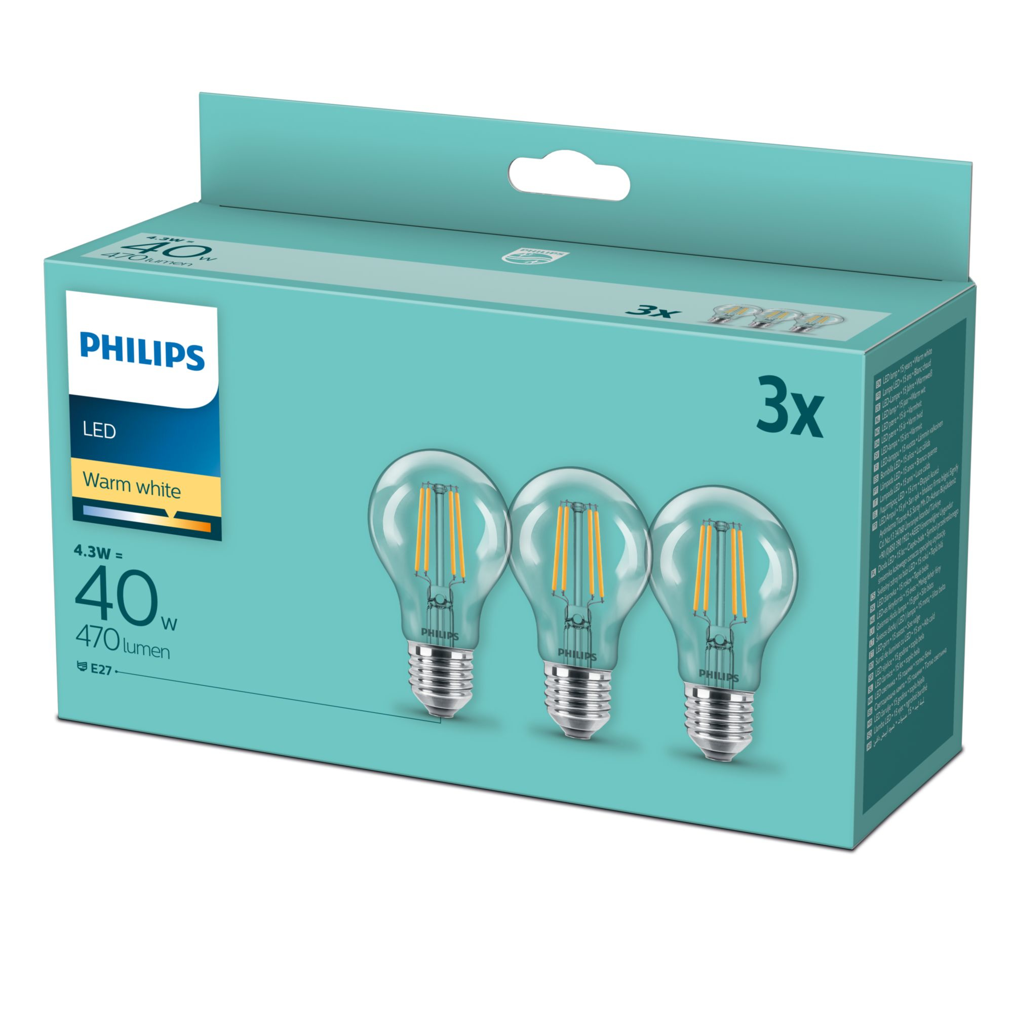 Philips LED classic Lampe 40W E27 Warmweiß 470lm klar 3er P 79742691_8875462960