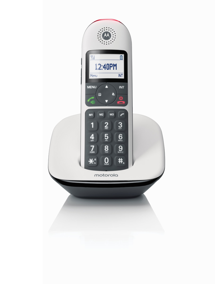 Schnurloses Telefon mit Basisstation, weißes Design, großes Tastenfeld, Displayanzeige 12:40 PM